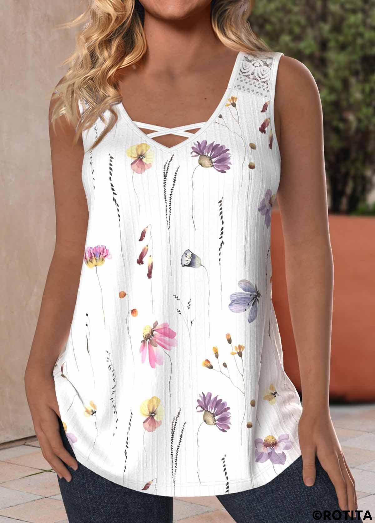 White plus size,Floral plus size,Plants plus size,ROTITA Plus Size Lace White Floral Print Sleeveless Tank Top