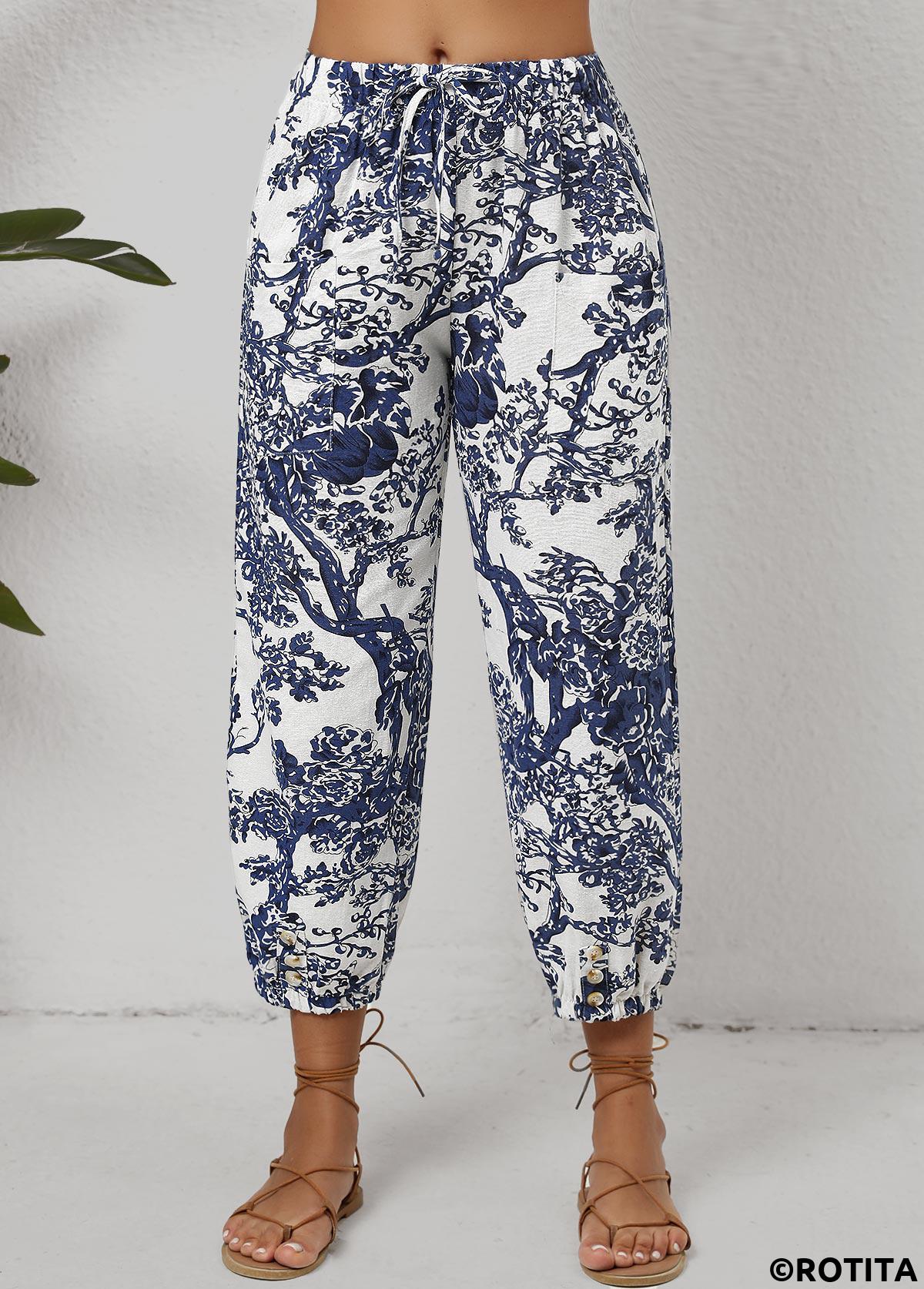 White bottoms,Blue bottoms,Plants bottoms,Floral bottoms,Pocket Leaf Print White Jogger Drawastring Mid Waisted Pants