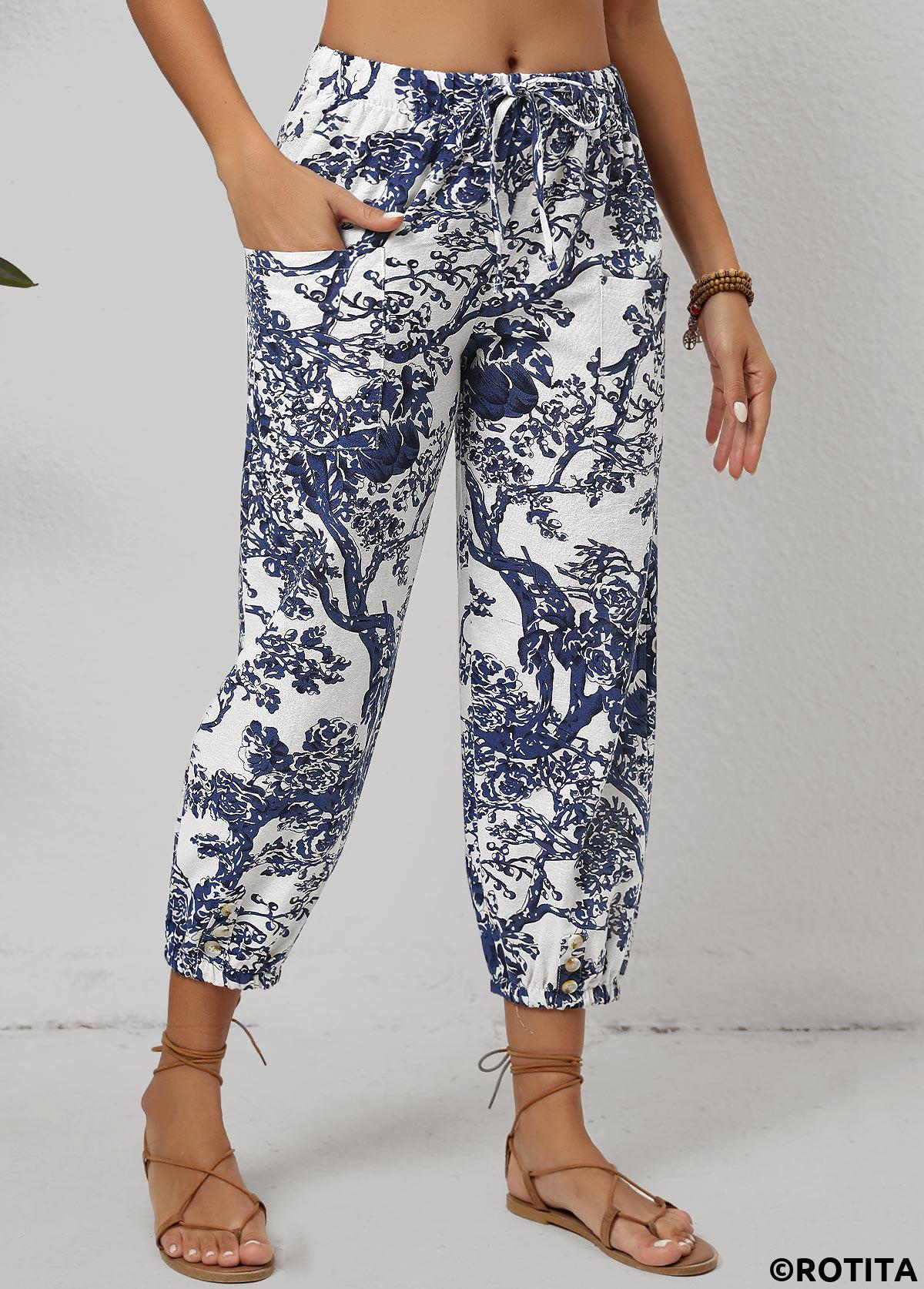 White bottoms,Blue bottoms,Plants bottoms,Floral bottoms,Pocket Leaf Print White Jogger Drawastring Mid Waisted Pants