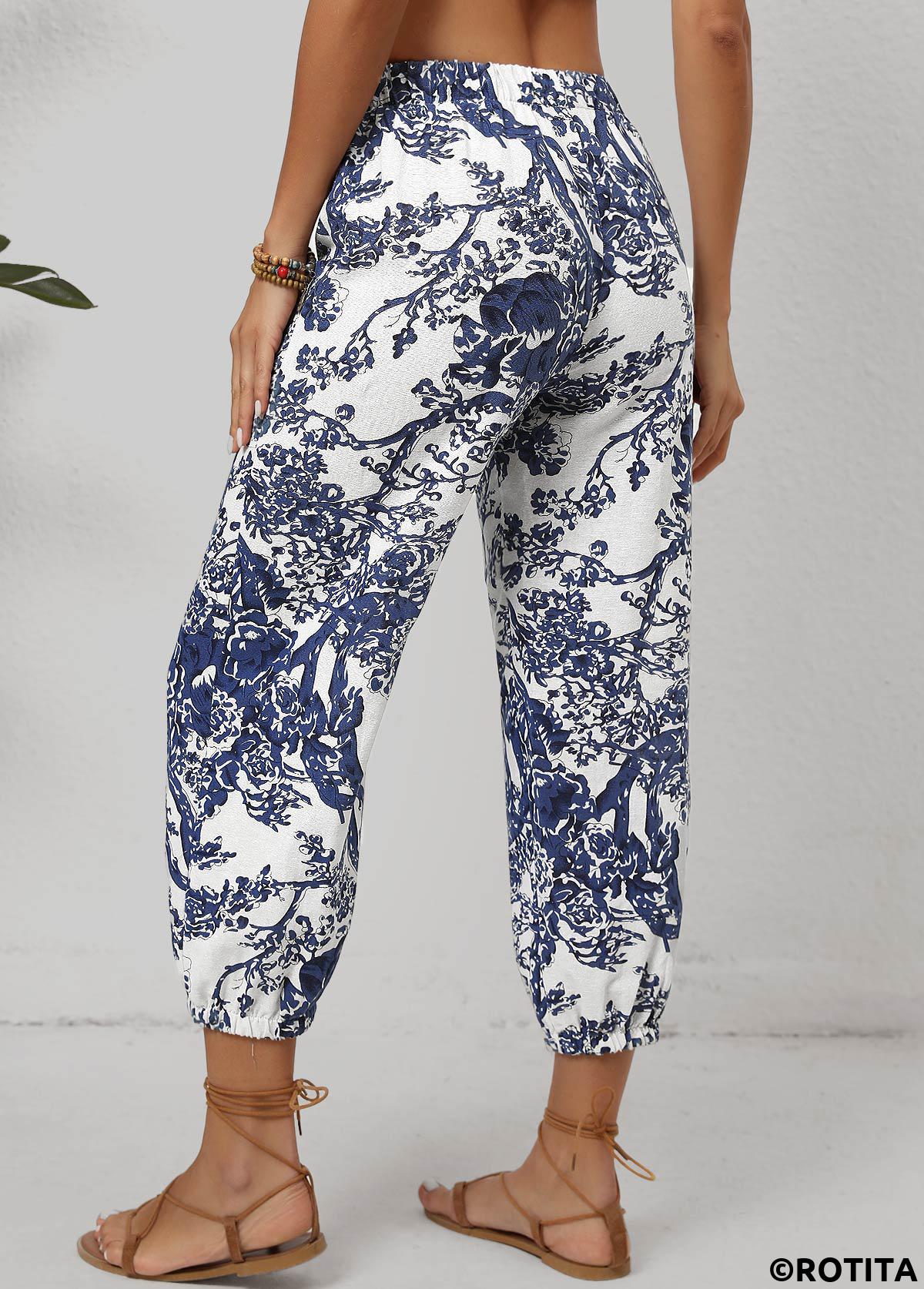White bottoms,Blue bottoms,Plants bottoms,Floral bottoms,Pocket Leaf Print White Jogger Drawastring Mid Waisted Pants