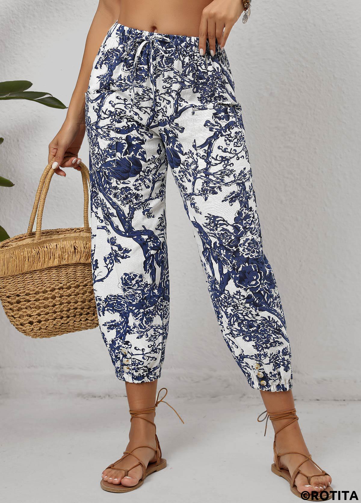 White bottoms,Blue bottoms,Plants bottoms,Floral bottoms,Pocket Leaf Print White Jogger Drawastring Mid Waisted Pants