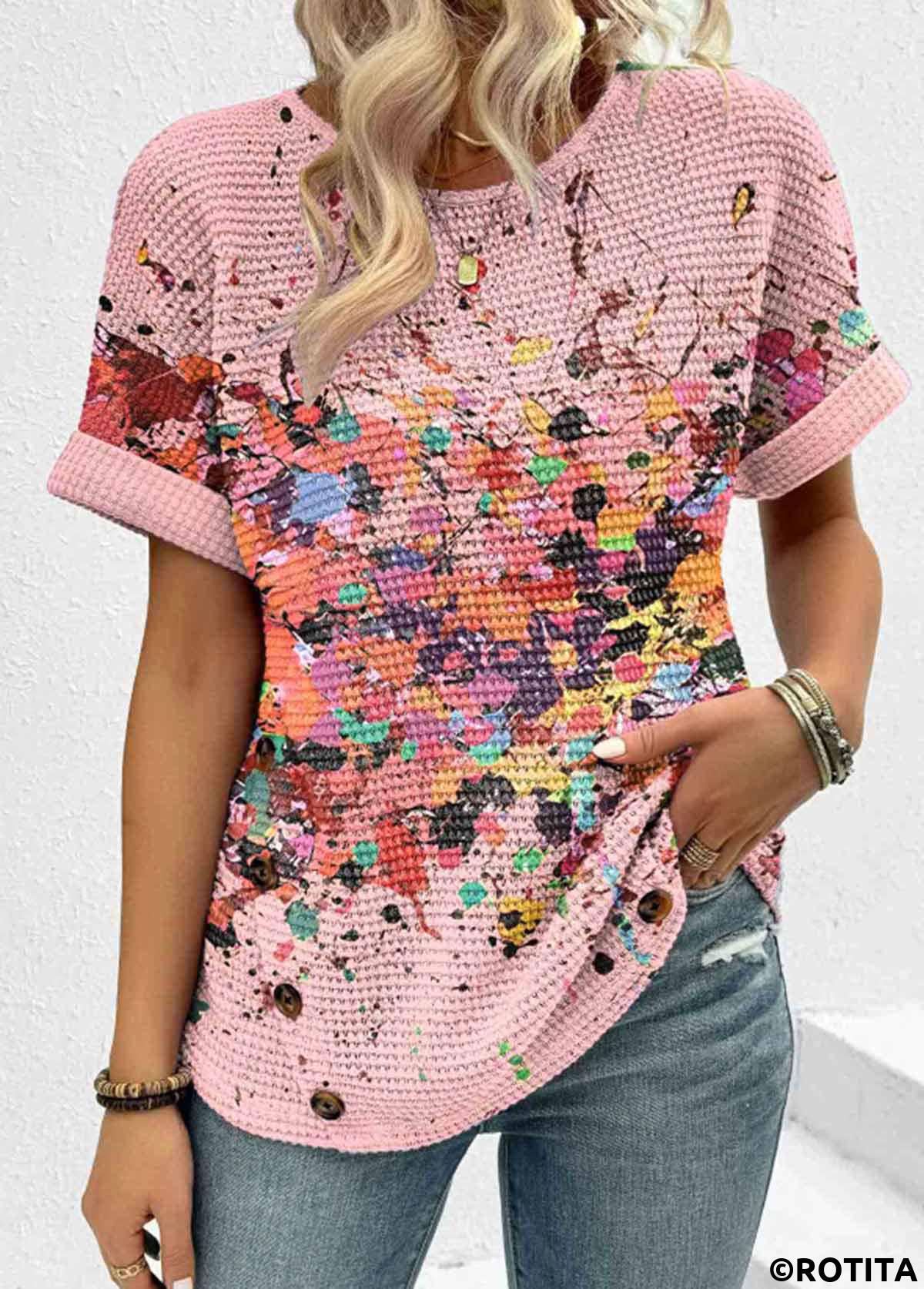 Rotita-Patchwork-Dazzle-Rundhals-T-Shirt mit buntem Aufdruck in Rosa