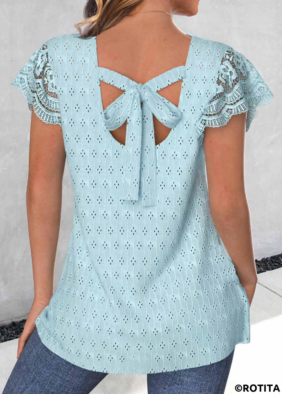rotita bowknot t-shirt bleu clair à manches courtes et col en V