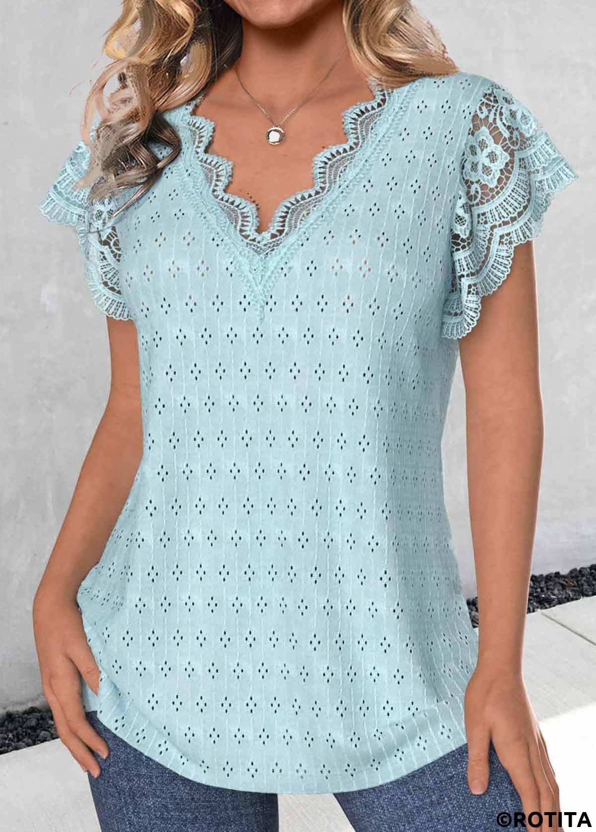 rotita bowknot t-shirt bleu clair à manches courtes et col en V