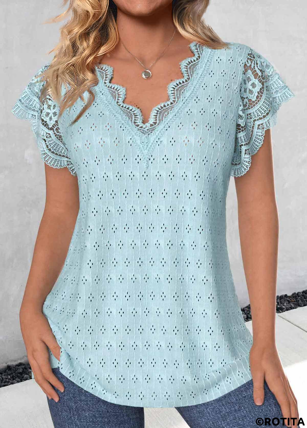 rotita bowknot t-shirt bleu clair à manches courtes et col en V