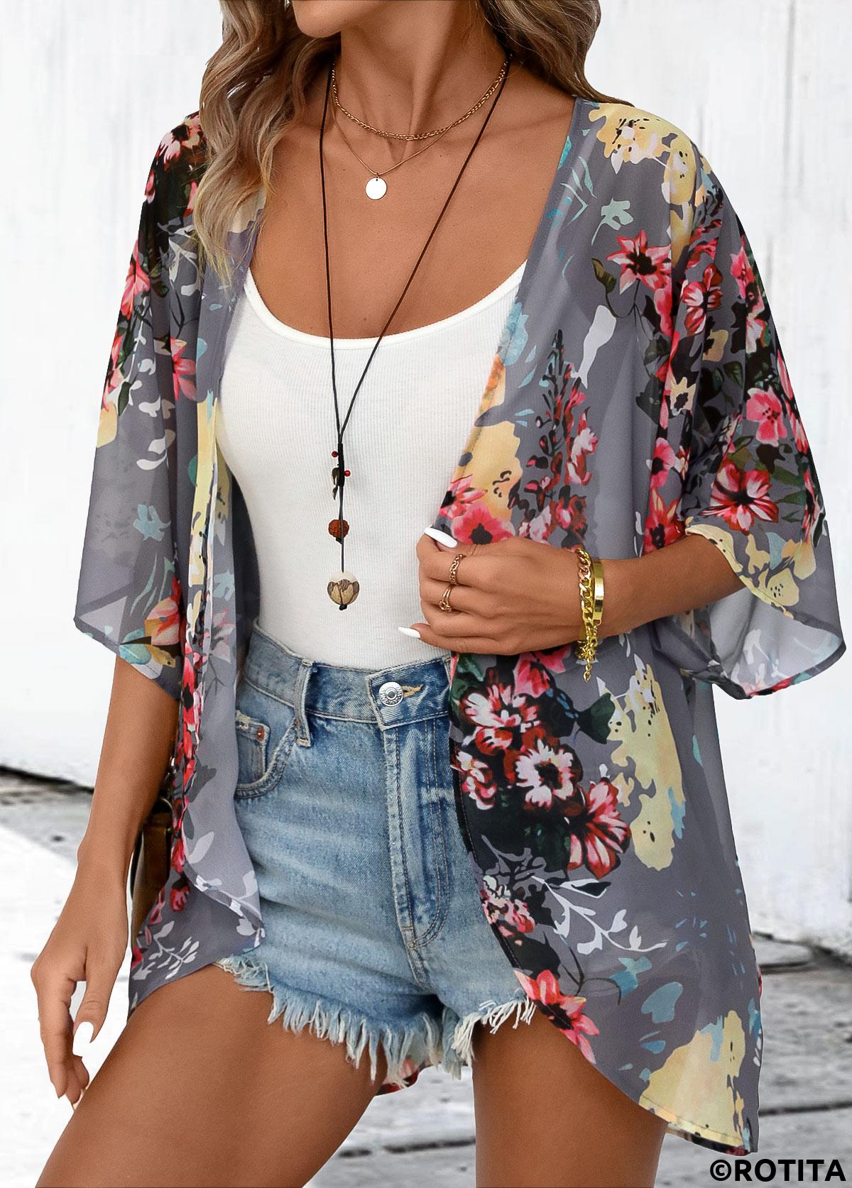 Dark Grey tops,Floral tops,Plants tops,Floral Print Dark Grey 3/4 Sleeve Light Cardigan