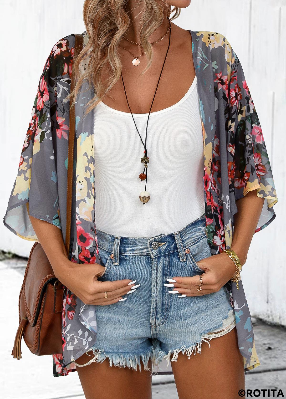 Dark Grey tops,Floral tops,Plants tops,Floral Print Dark Grey 3/4 Sleeve Light Cardigan