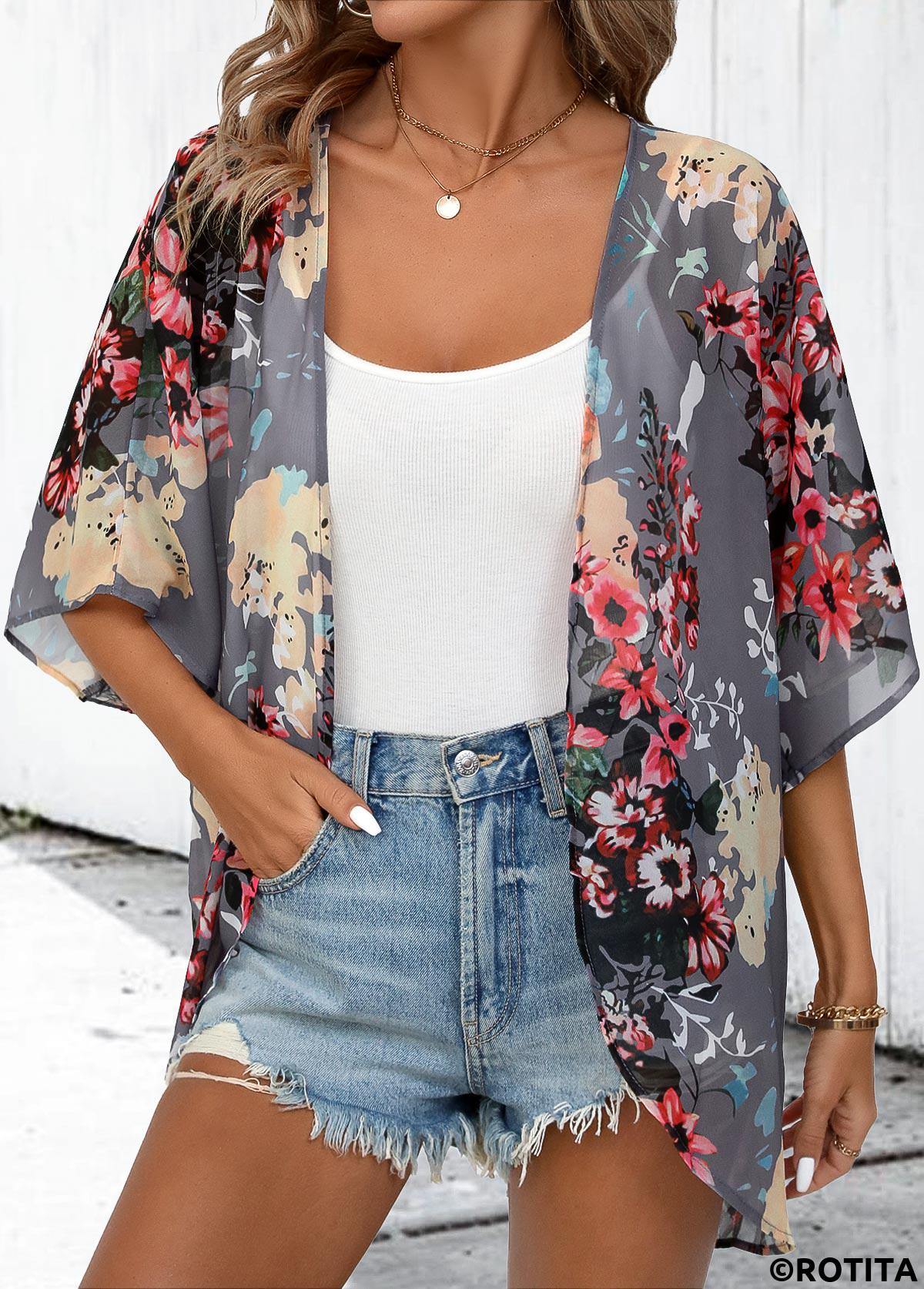 Dark Grey tops,Floral tops,Plants tops,Floral Print Dark Grey 3/4 Sleeve Light Cardigan