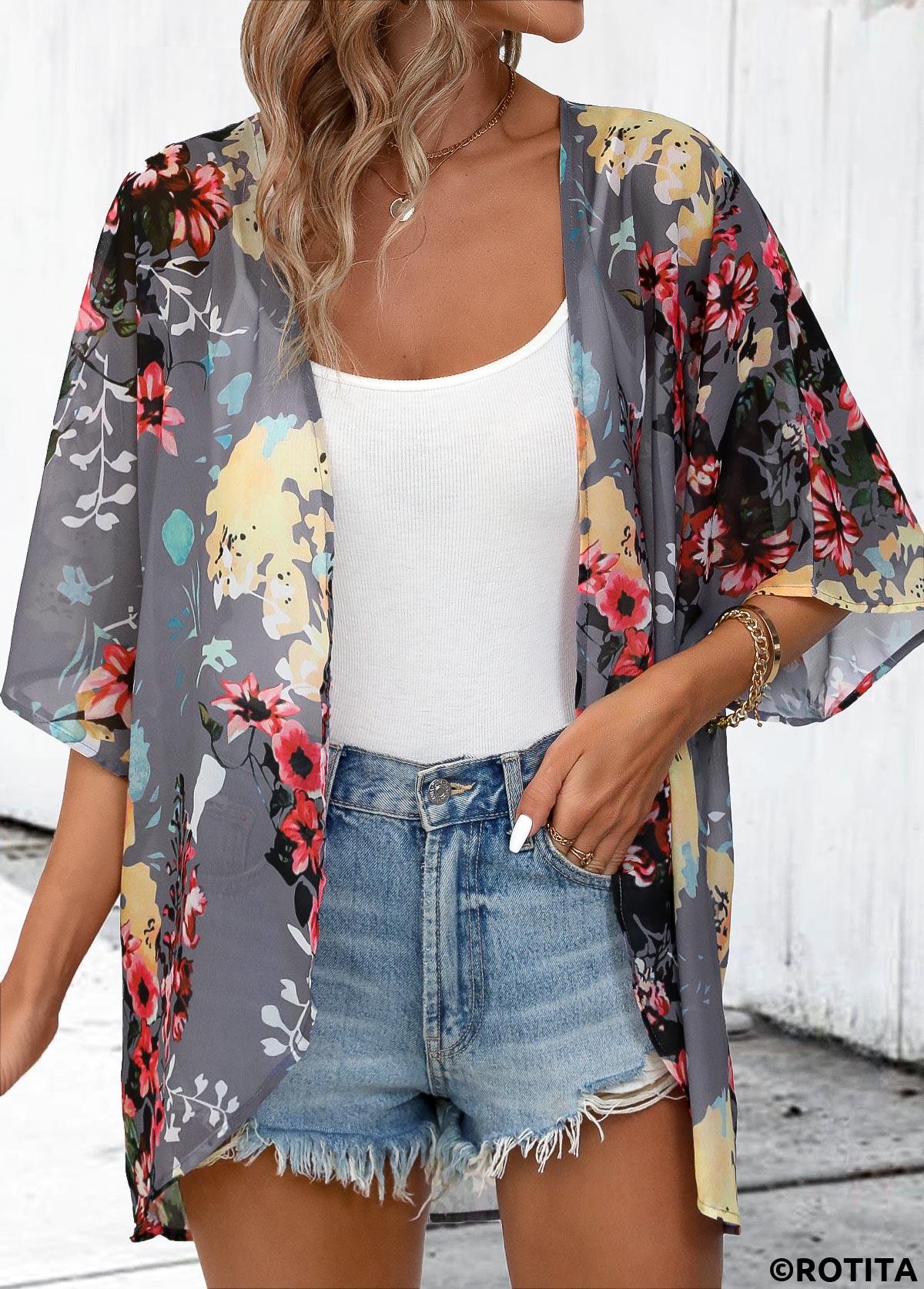 Dark Grey tops,Floral tops,Plants tops,Floral Print Dark Grey 3/4 Sleeve Light Cardigan