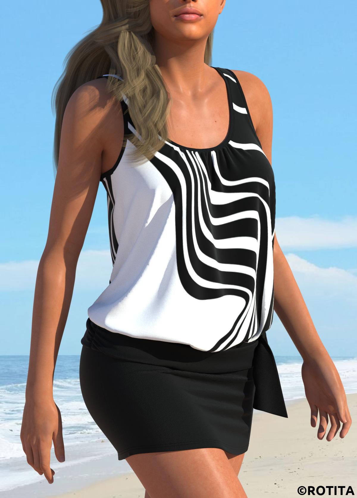 Black swimwear,Geometric swimwear,ROTITA Bowknot Black Geometric Print Tankini Set