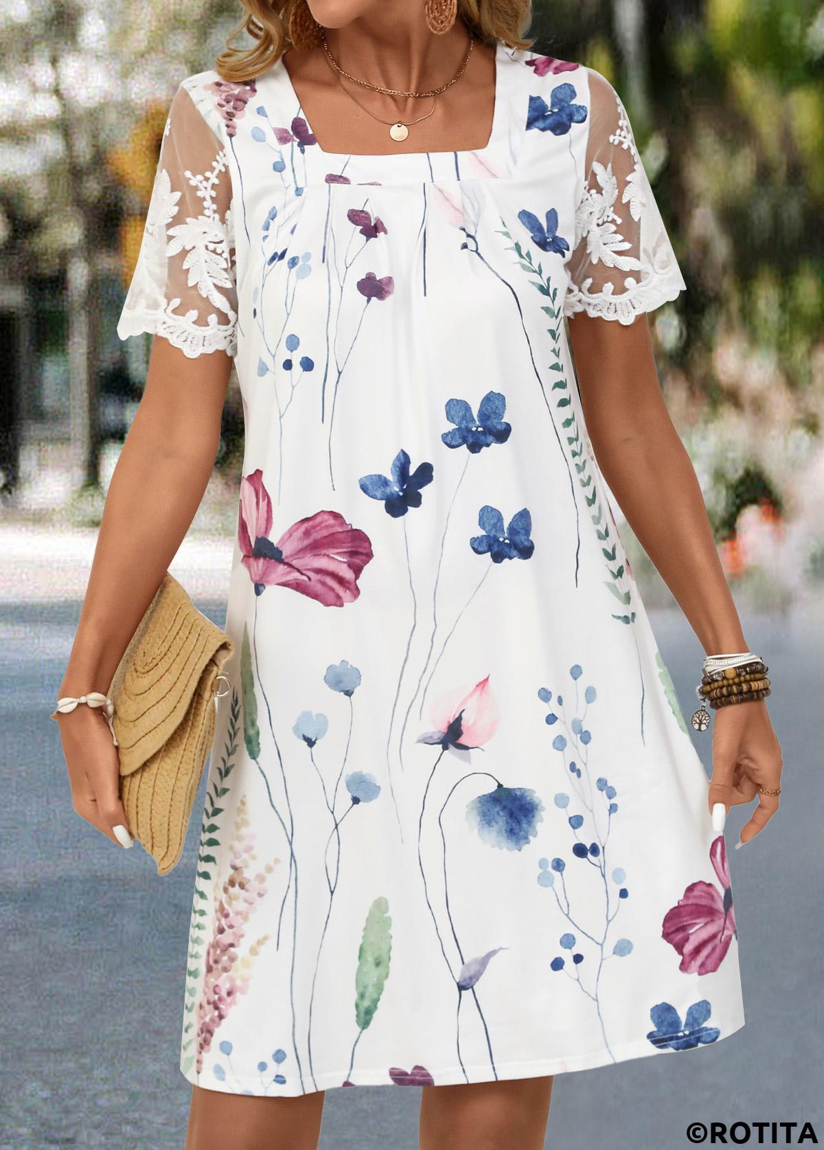 White dresses,Floral dresses,Plants dresses,Everyday dresses,Casual dresses,Lace Floral Print White Short A Line Dress