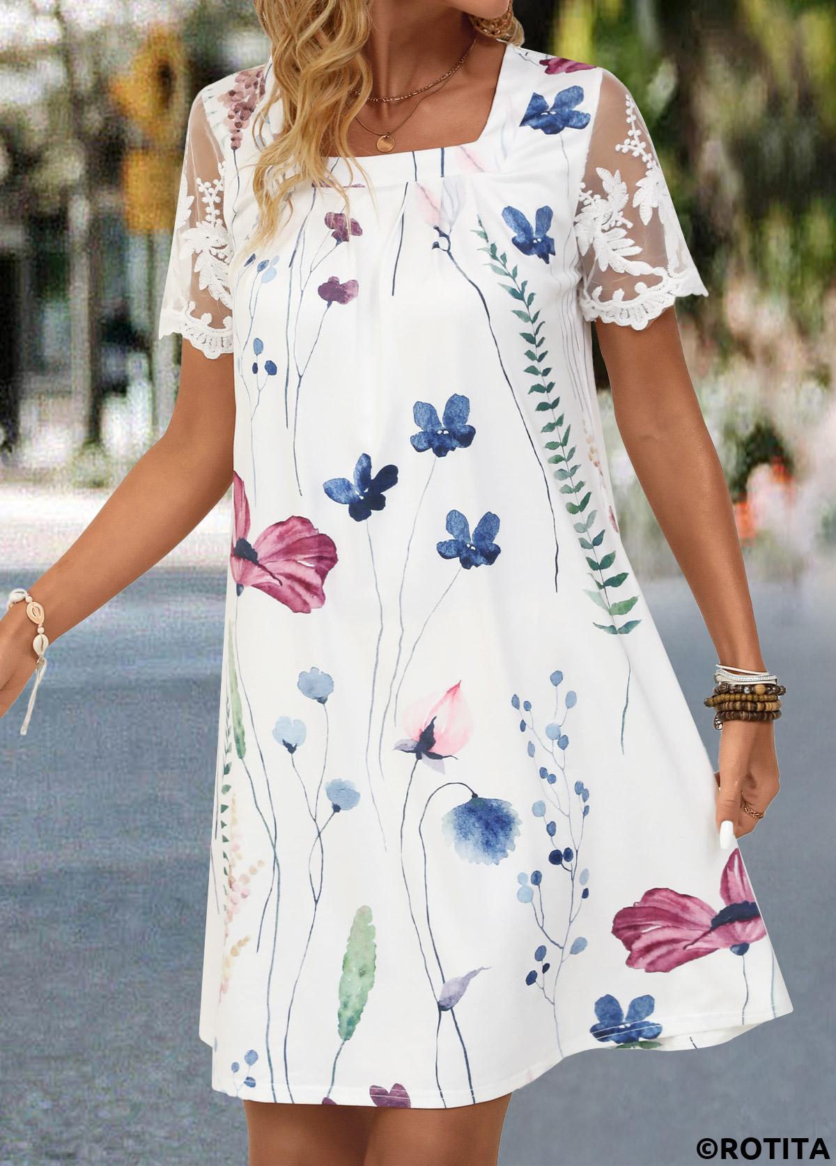 White dresses,Floral dresses,Plants dresses,Everyday dresses,Casual dresses,Lace Floral Print White Short A Line Dress