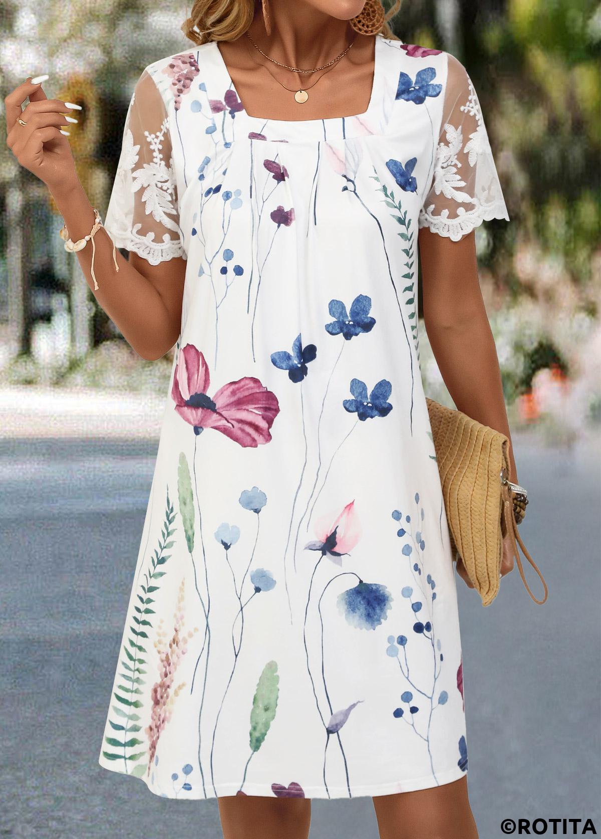 White dresses,Floral dresses,Plants dresses,Everyday dresses,Casual dresses,Lace Floral Print White Short A Line Dress