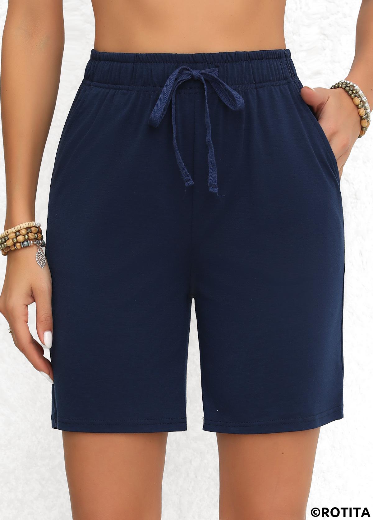 Navy bottoms,Plain Color bottoms,Double Side Pockets Navy Elastic Waist High Waisted Shorts