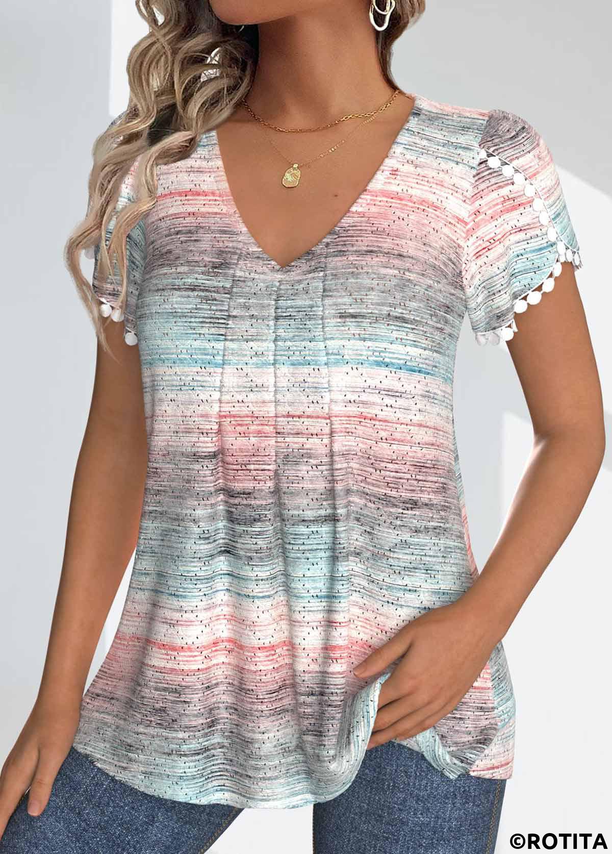 ROTITA Textured Fabric Ombre Light Pink V Neck T Shirt