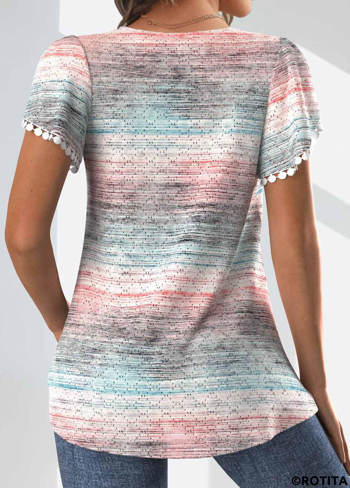 ROTITA Textured Fabric Ombre Light Pink V Neck T Shirt