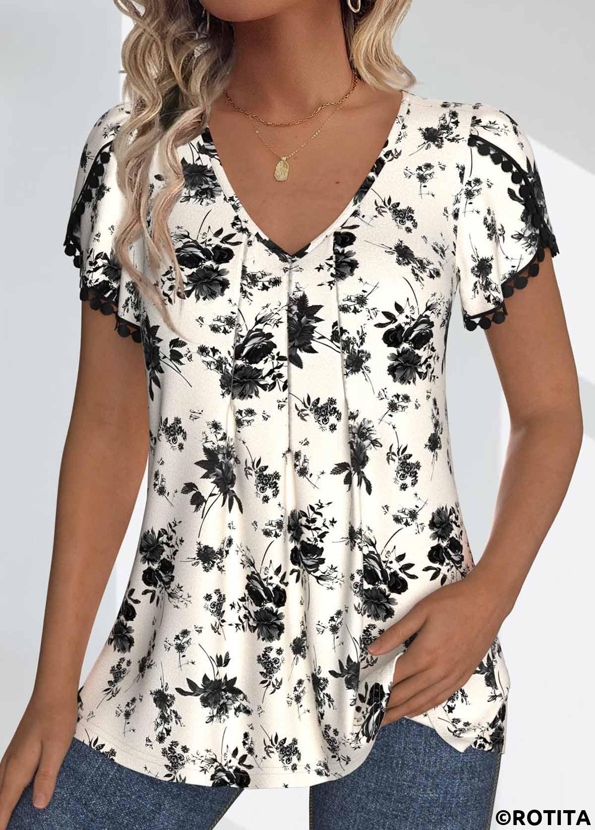 Black tops,Beige tops,Plants tops,Floral tops,ROTITA Ruched Random Floral Print Black V Neck T Shirt
