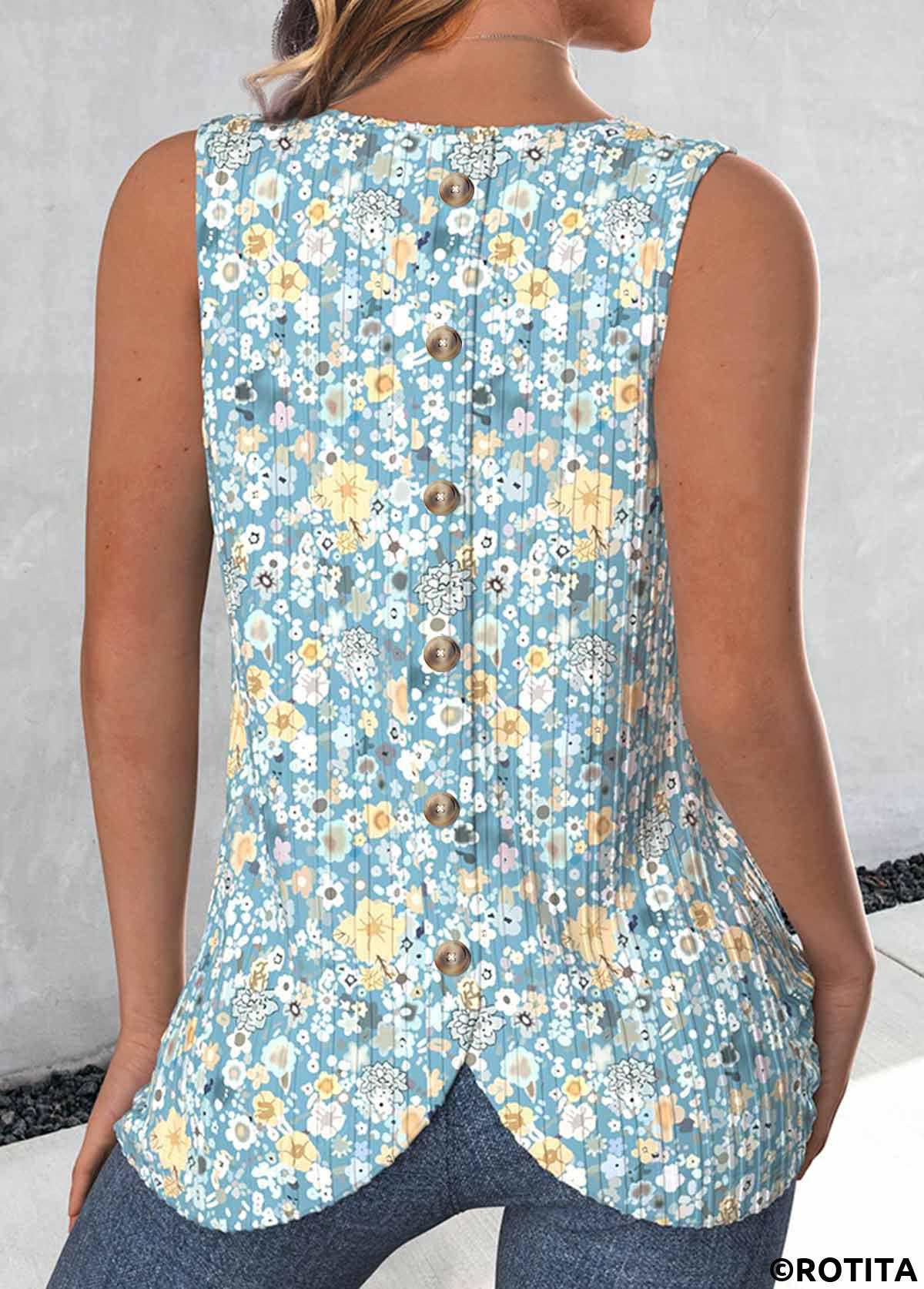 Mint Green tops,Ditsy Floral tops,ROTITA Button Ditsy Floral Print Mint Green Sleeveless Tank Top