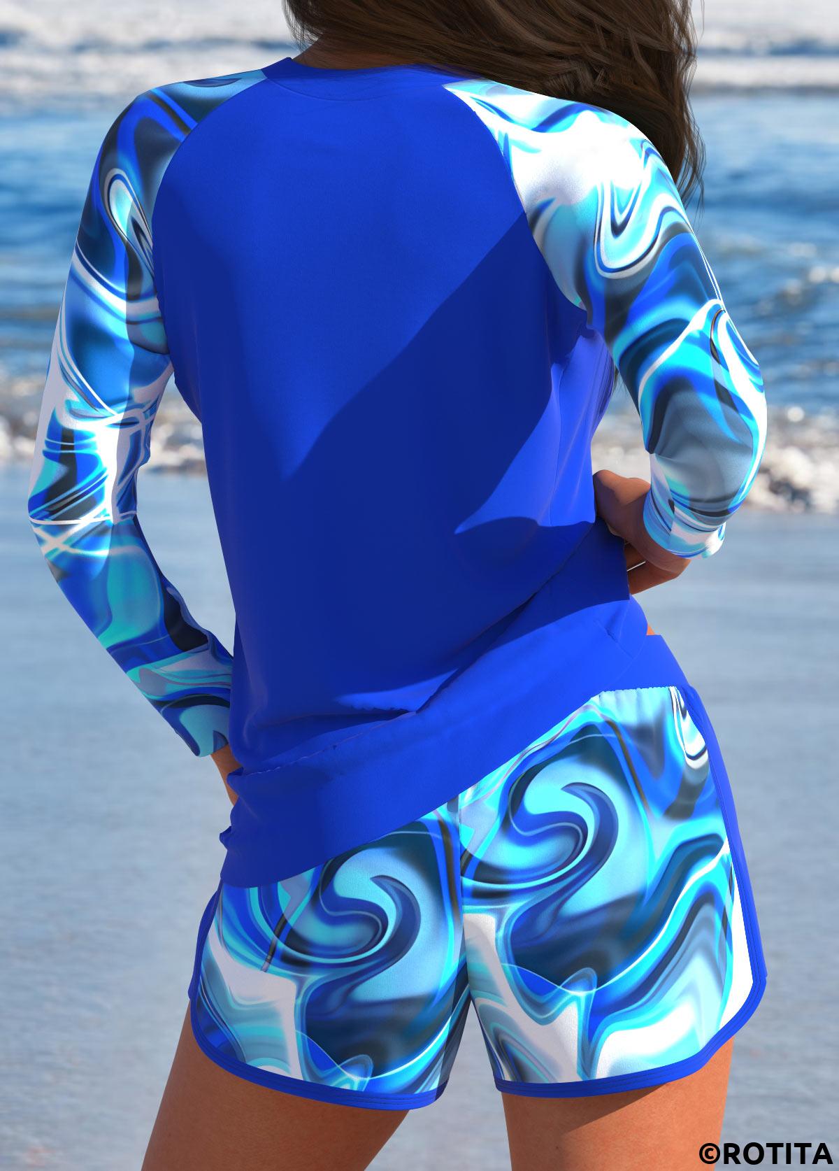 Royal Blue swimwear,Striped swimwear,Geometric swimwear,ROTITA Patchwork Royal Blue Wave Pattern Print Tankini Set