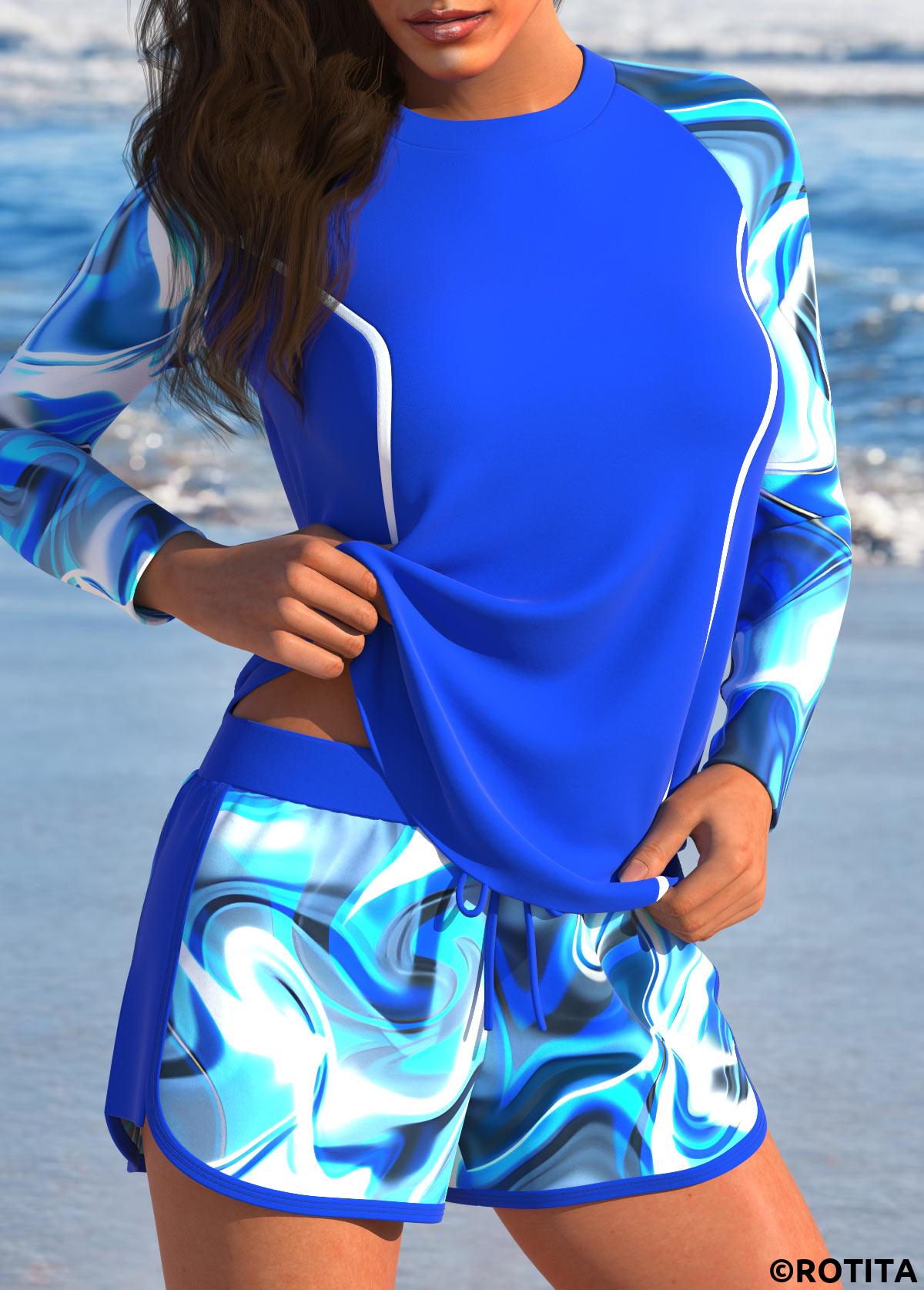 Royal Blue swimwear,Striped swimwear,Geometric swimwear,ROTITA Patchwork Royal Blue Wave Pattern Print Tankini Set