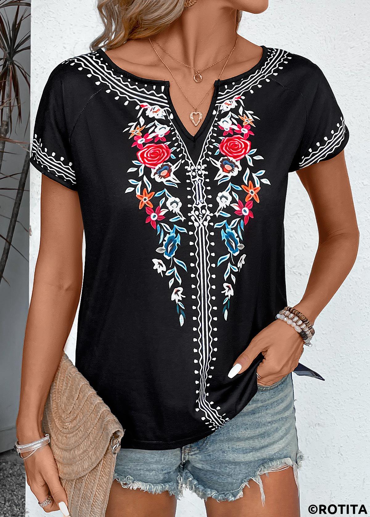 Black tops,Floral tops,Plants tops,Floral Print Black Split Neck Short Sleeve T Shirt