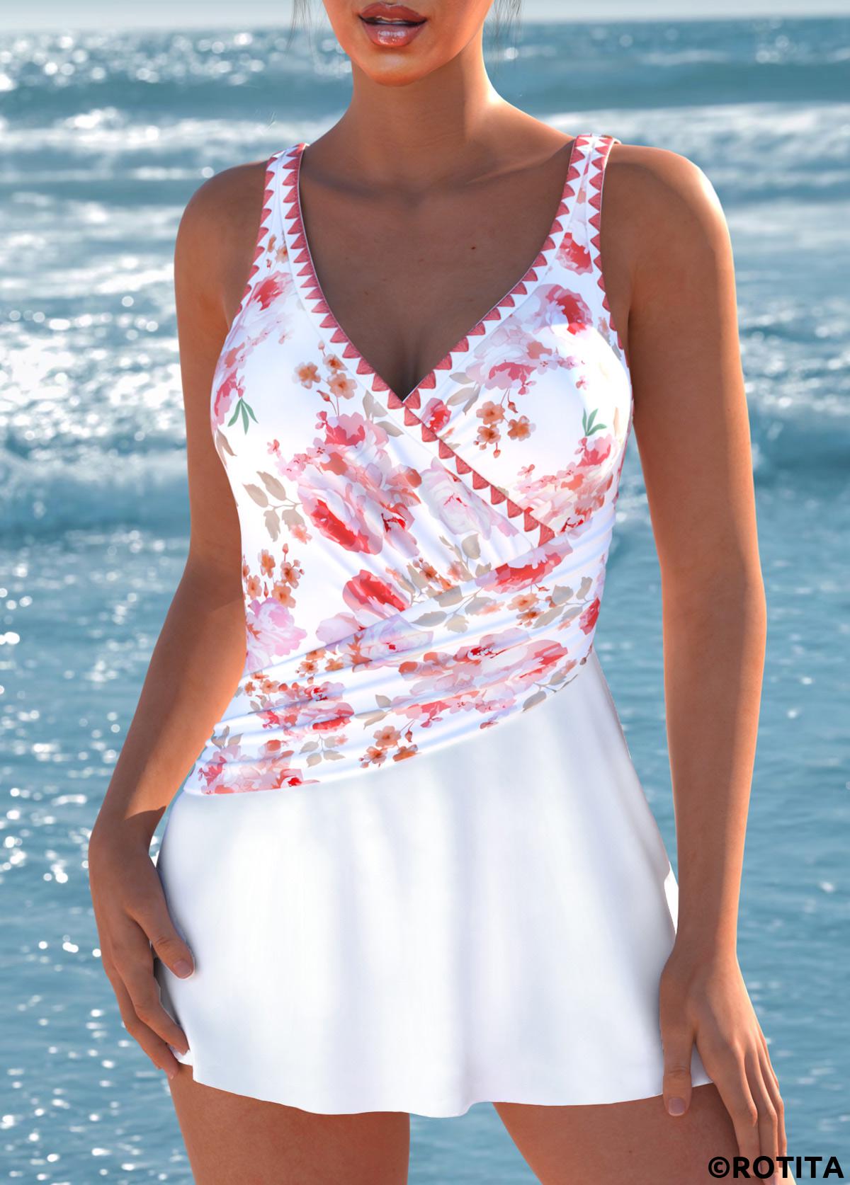 White swimwear,Red swimwear,Floral swimwear,Plants swimwear,ROTITA Surplice White Floral Print One Piece Swimdress