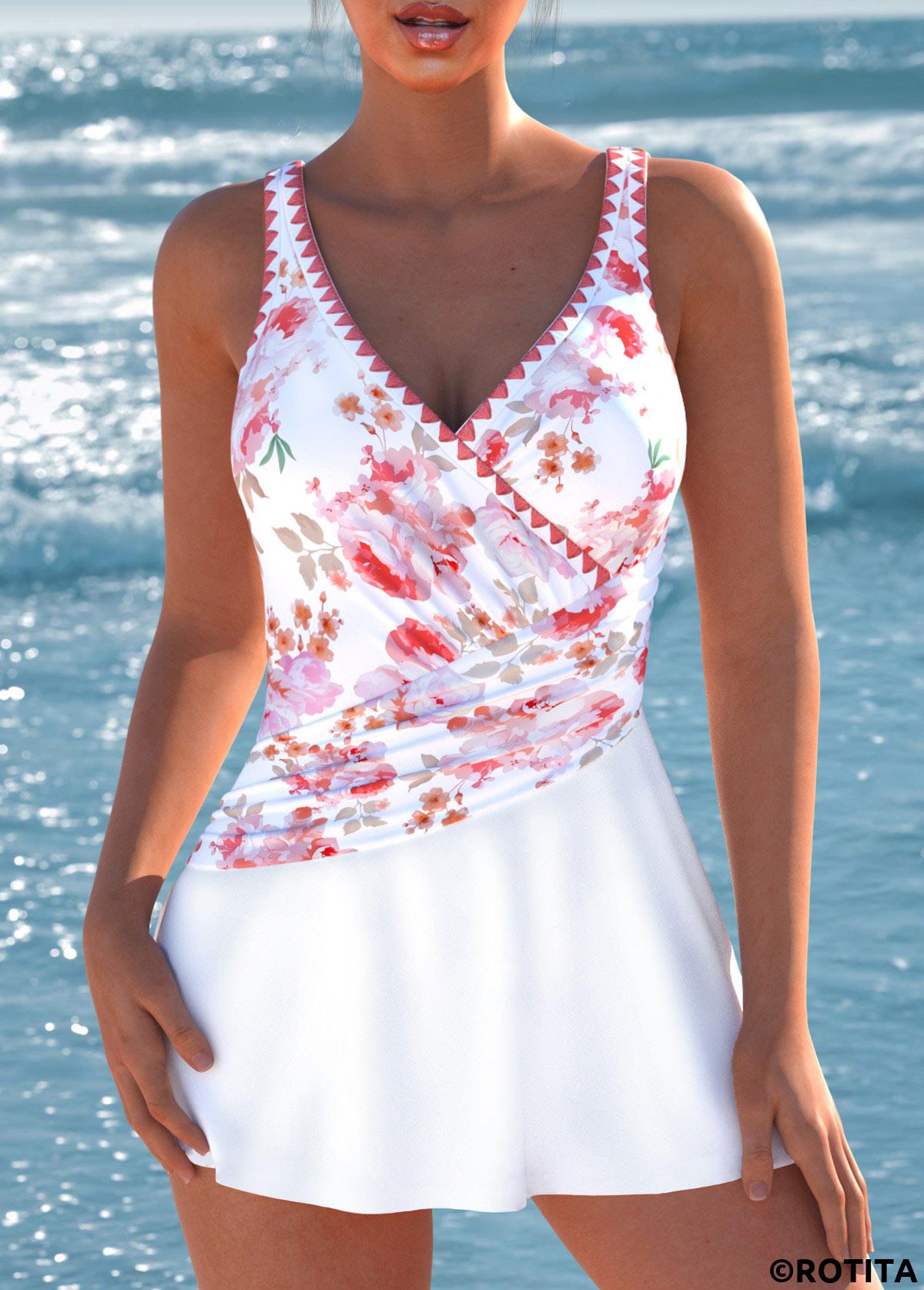 White swimwear,Red swimwear,Floral swimwear,Plants swimwear,ROTITA Surplice White Floral Print One Piece Swimdress