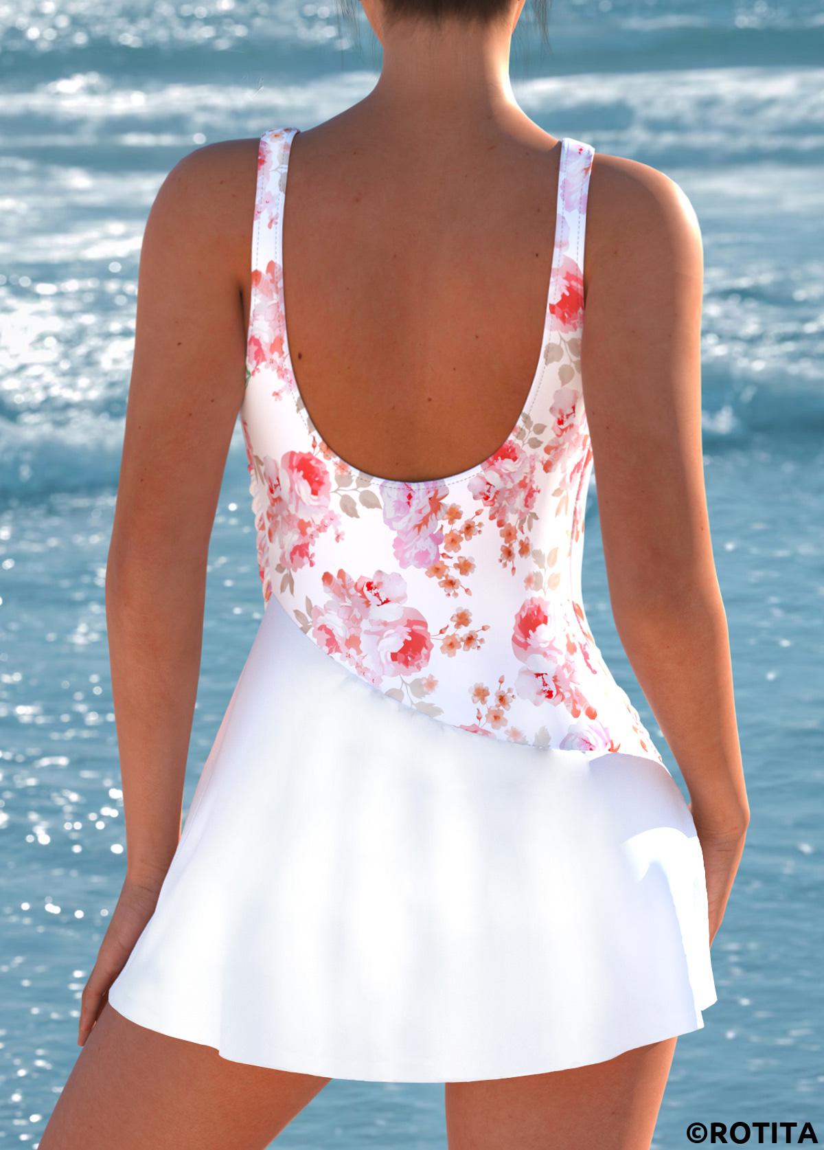 White swimwear,Red swimwear,Floral swimwear,Plants swimwear,ROTITA Surplice White Floral Print One Piece Swimdress
