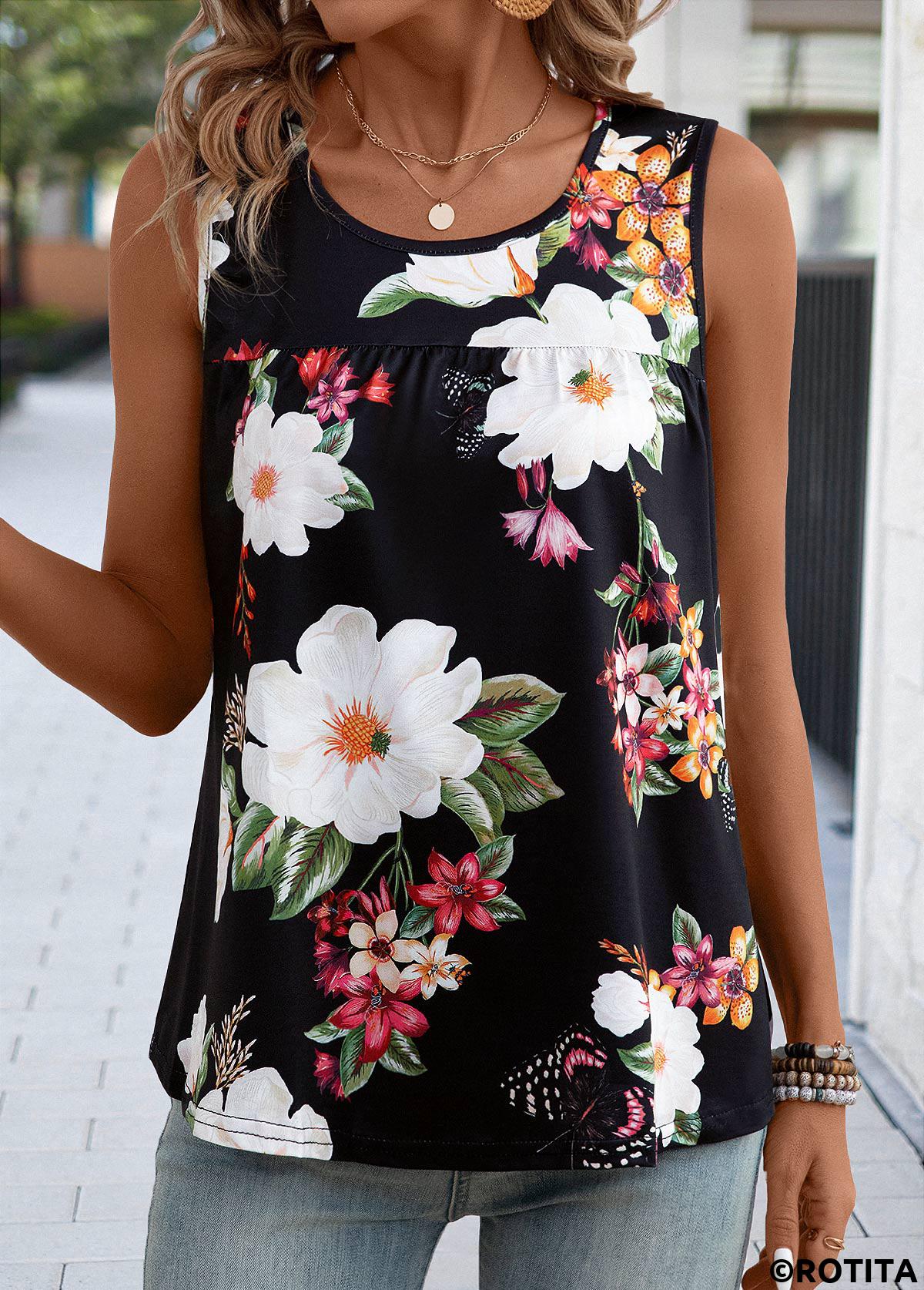 Black tops,Floral tops,Plants tops,Patchwork Floral Print Black Scoop Neck Sleeveless Tank Top