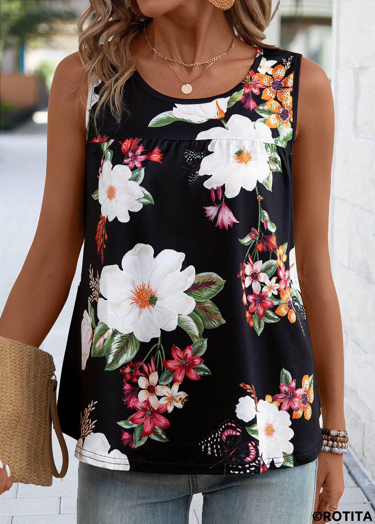 Black tops,Floral tops,Plants tops,Patchwork Floral Print Black Scoop Neck Sleeveless Tank Top