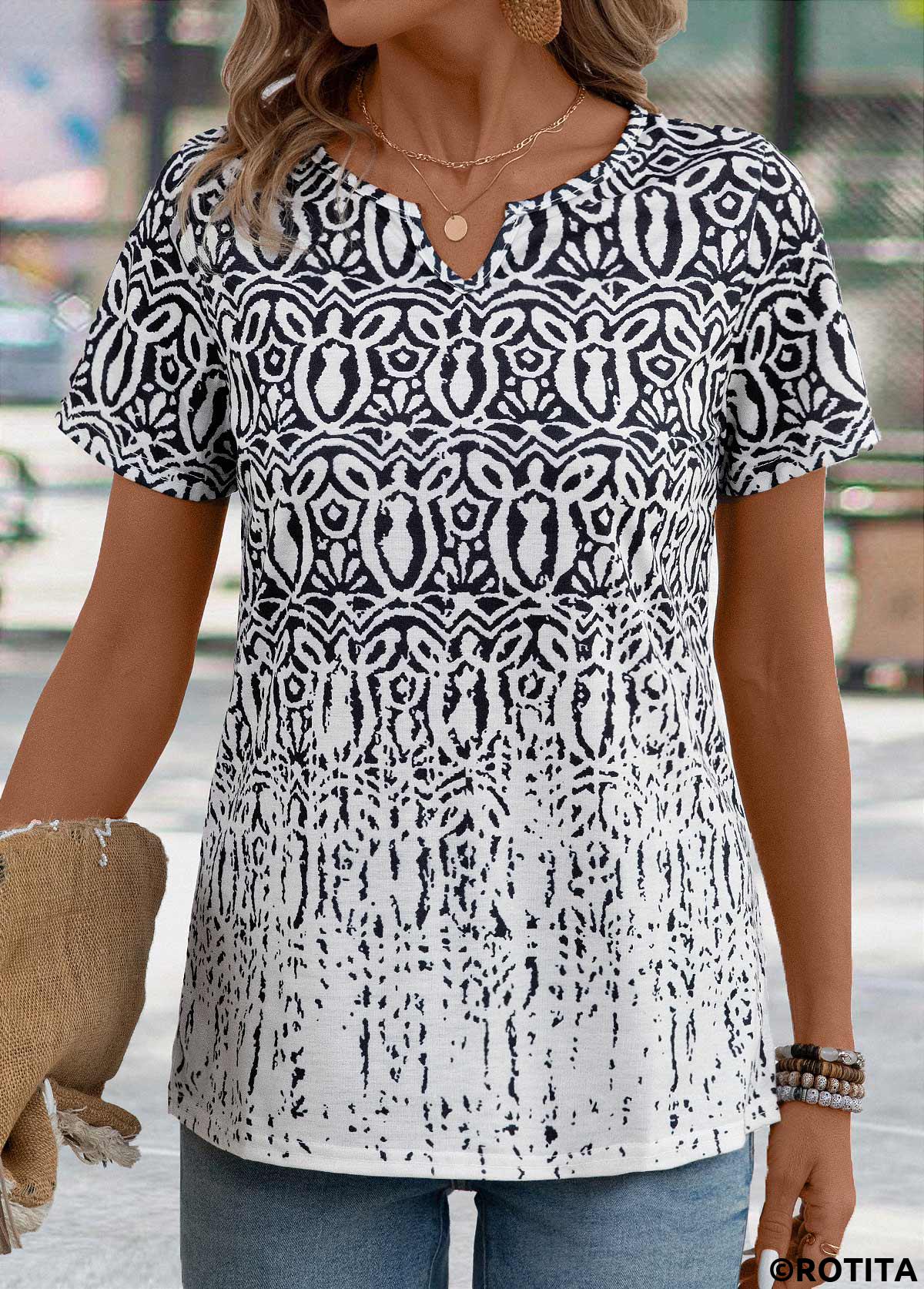 Black tops,White tops,Tribal tops,Tribal Print Black Split Neck Short Sleeve T Shirt