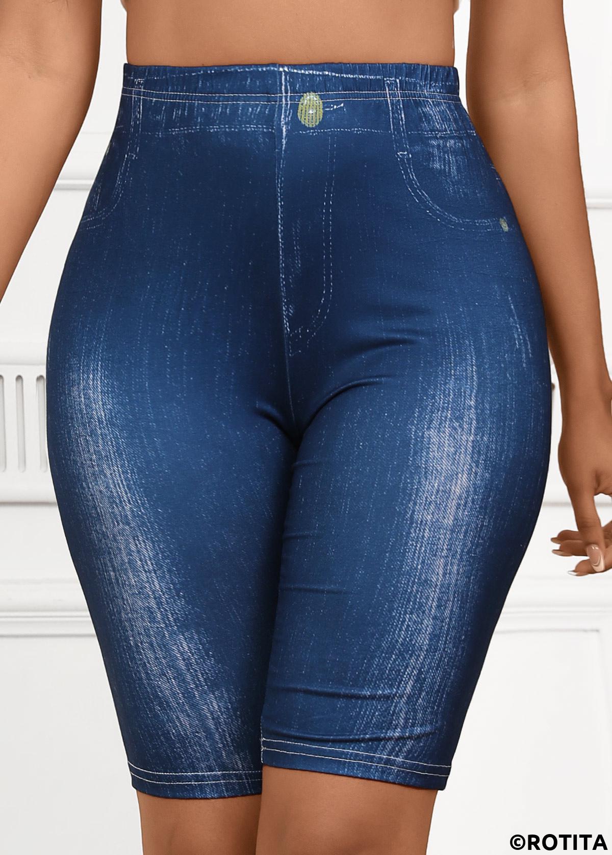 Denim Blue bottoms,Plain Color bottoms,Denim Blue High Waisted Elastic Waist Short Leggings