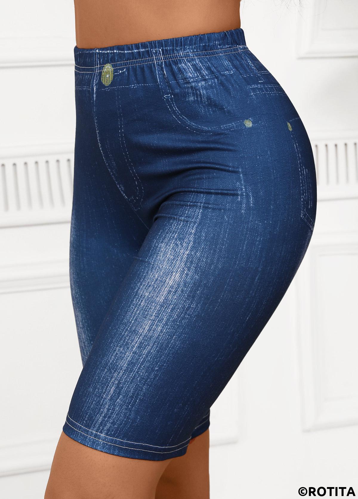 Denim Blue bottoms,Plain Color bottoms,Denim Blue High Waisted Elastic Waist Short Leggings