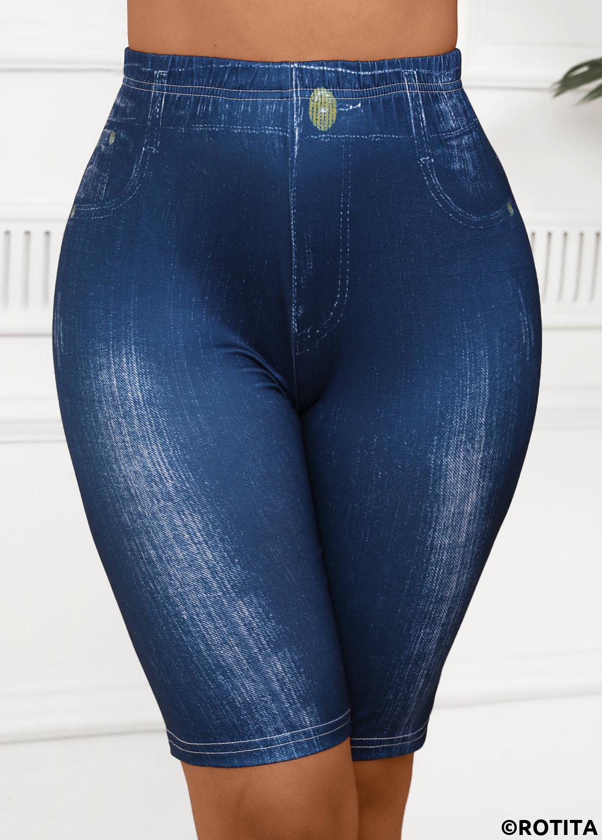 Denim Blue bottoms,Plain Color bottoms,Denim Blue High Waisted Elastic Waist Short Leggings