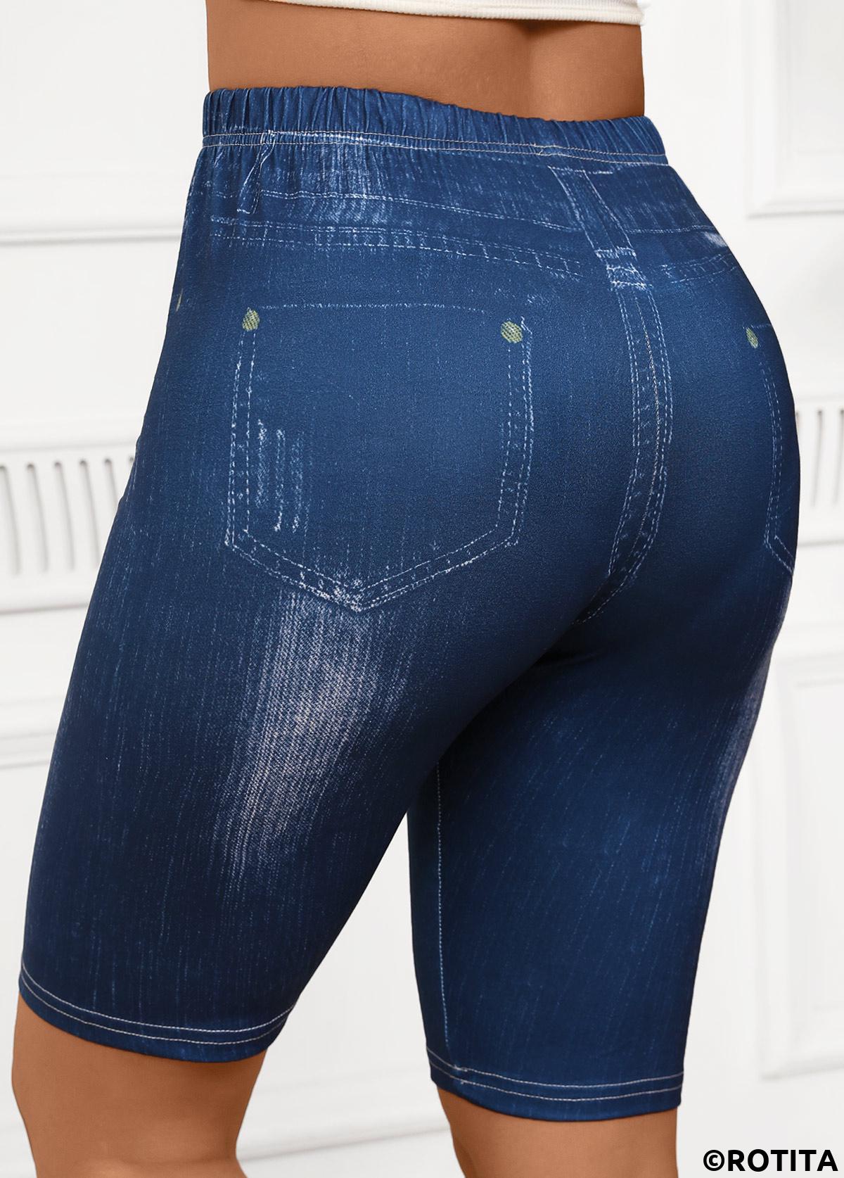Denim Blue bottoms,Plain Color bottoms,Denim Blue High Waisted Elastic Waist Short Leggings