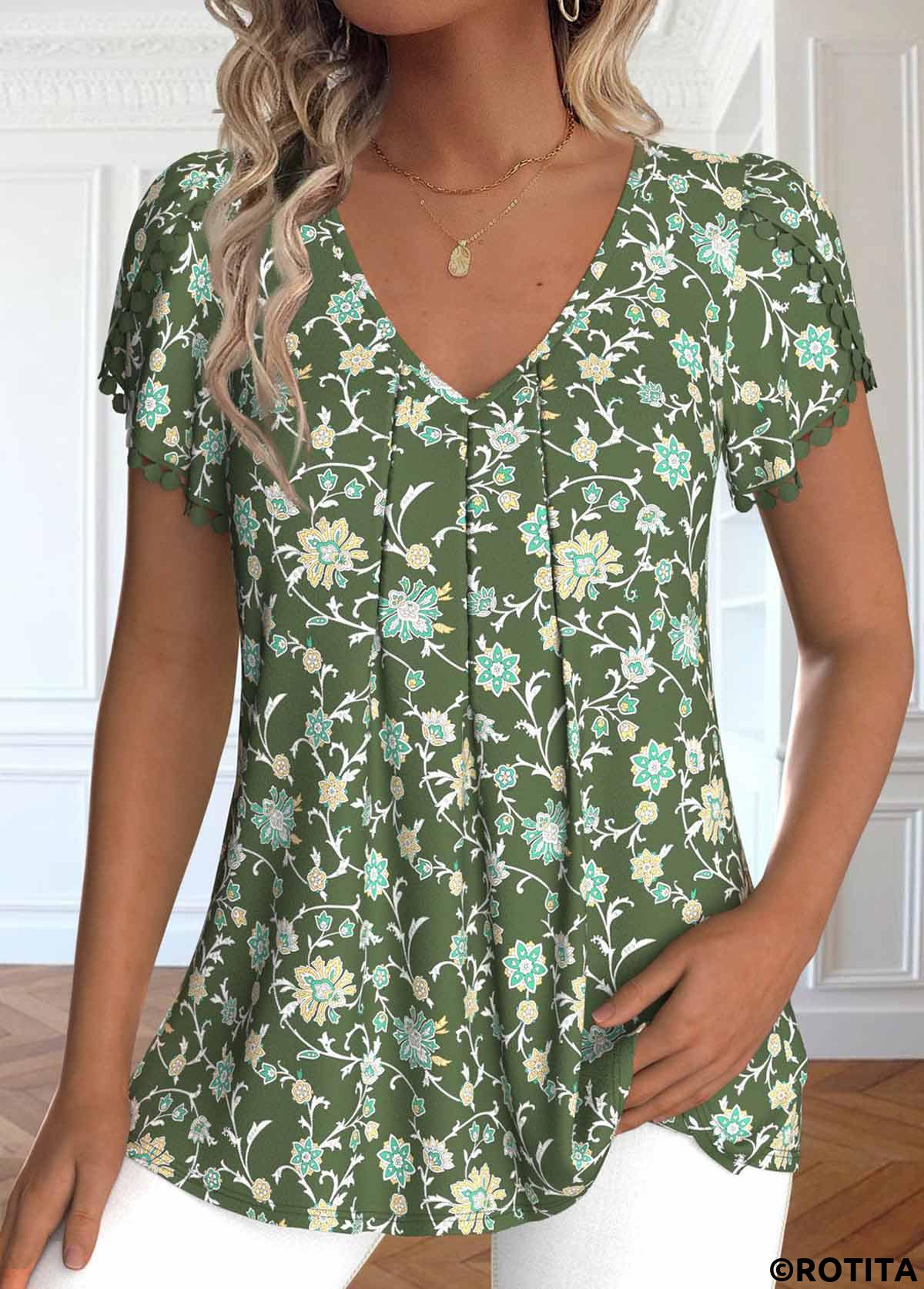Olive Green tops,Ditsy Floral tops,ROTITA Embroidery Ditsy Floral Print Olive Green T Shirt