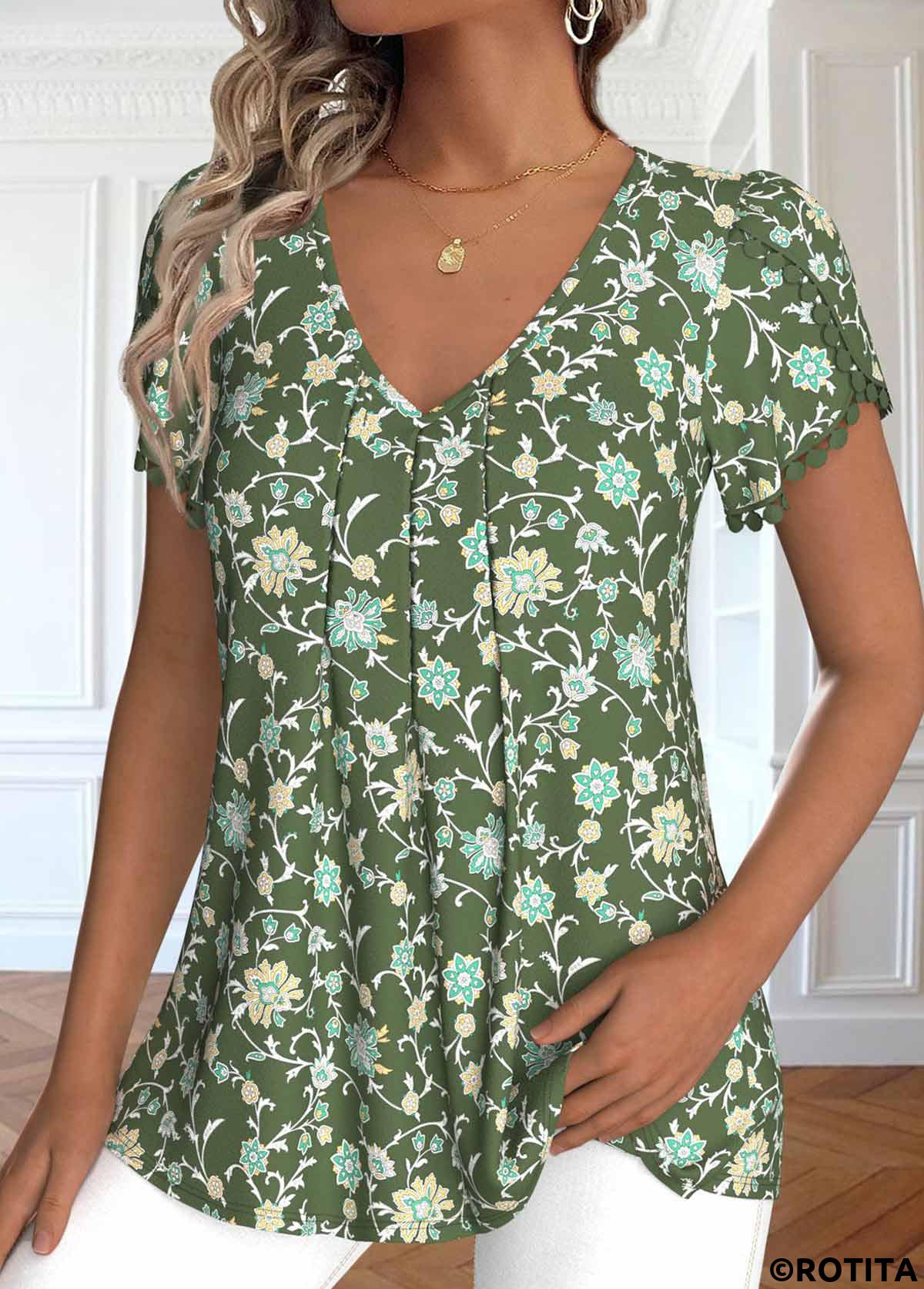 Olive Green tops,Ditsy Floral tops,ROTITA Embroidery Ditsy Floral Print Olive Green T Shirt