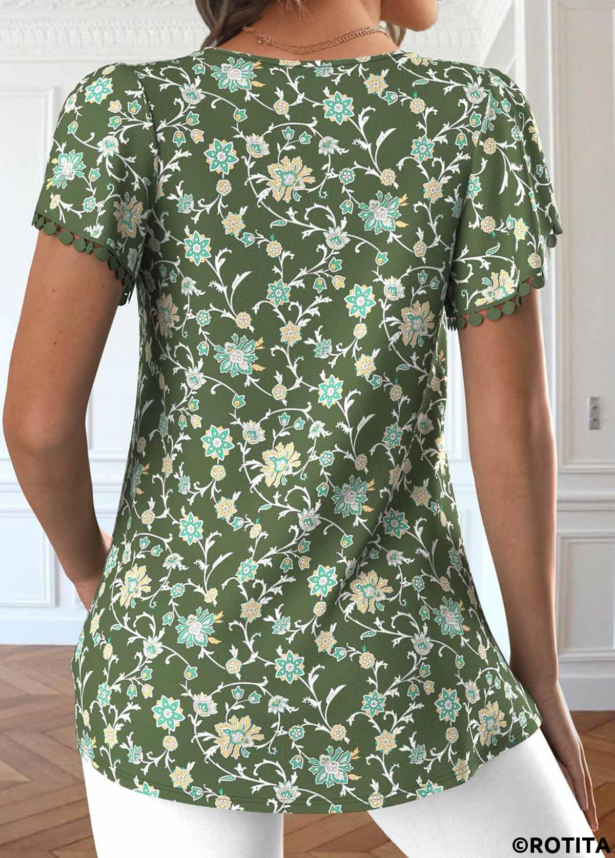 Olive Green tops,Ditsy Floral tops,ROTITA Embroidery Ditsy Floral Print Olive Green T Shirt
