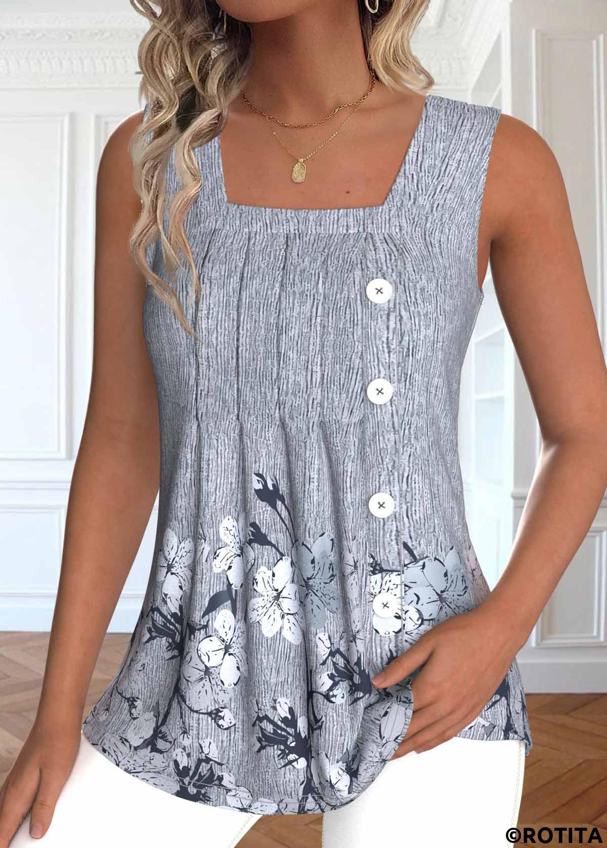 Light Grey Marl plus size,Floral plus size,Plants plus size,ROTITA Plus Size Button Light Grey Marl Sleeveless Tank Top