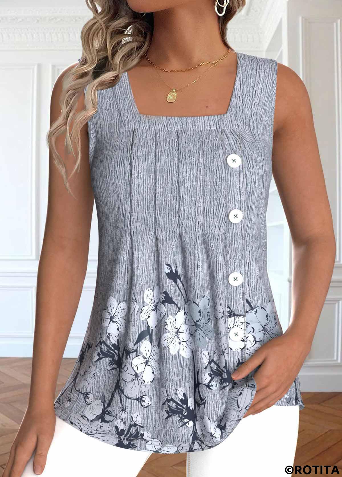 Light Grey Marl plus size,Floral plus size,Plants plus size,ROTITA Plus Size Button Light Grey Marl Sleeveless Tank Top