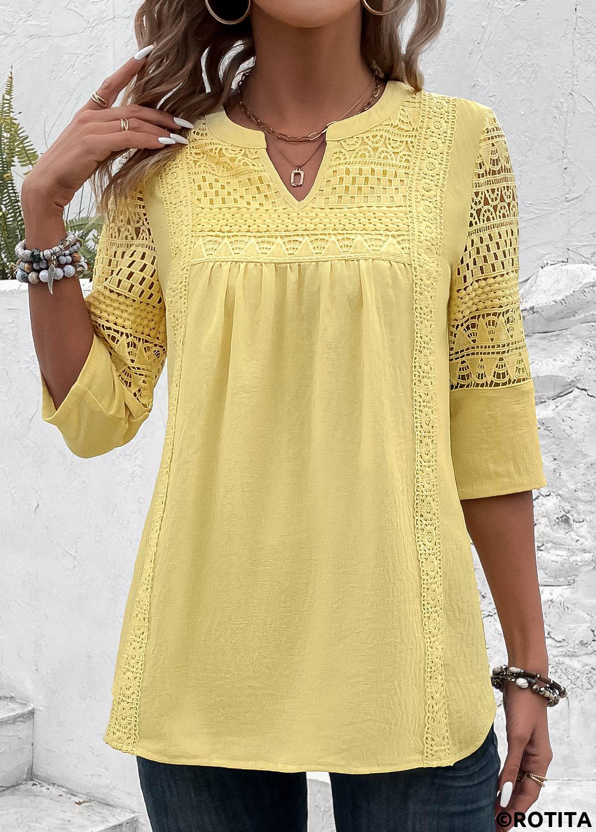 ROTITA Patchwork Light Yellow Split Neck 3/4 Sleeve Blouse