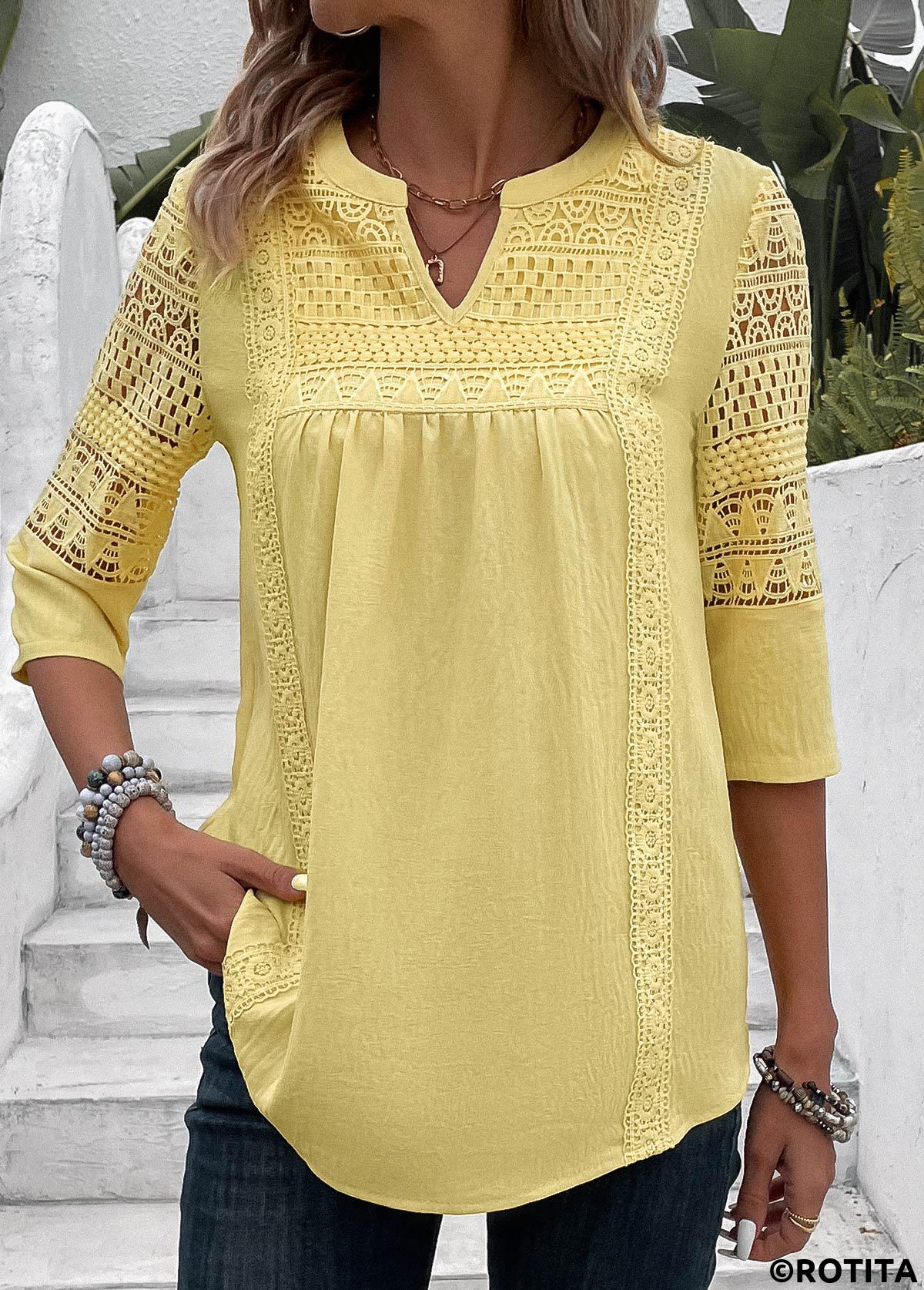 ROTITA Patchwork Light Yellow Split Neck 3/4 Sleeve Blouse
