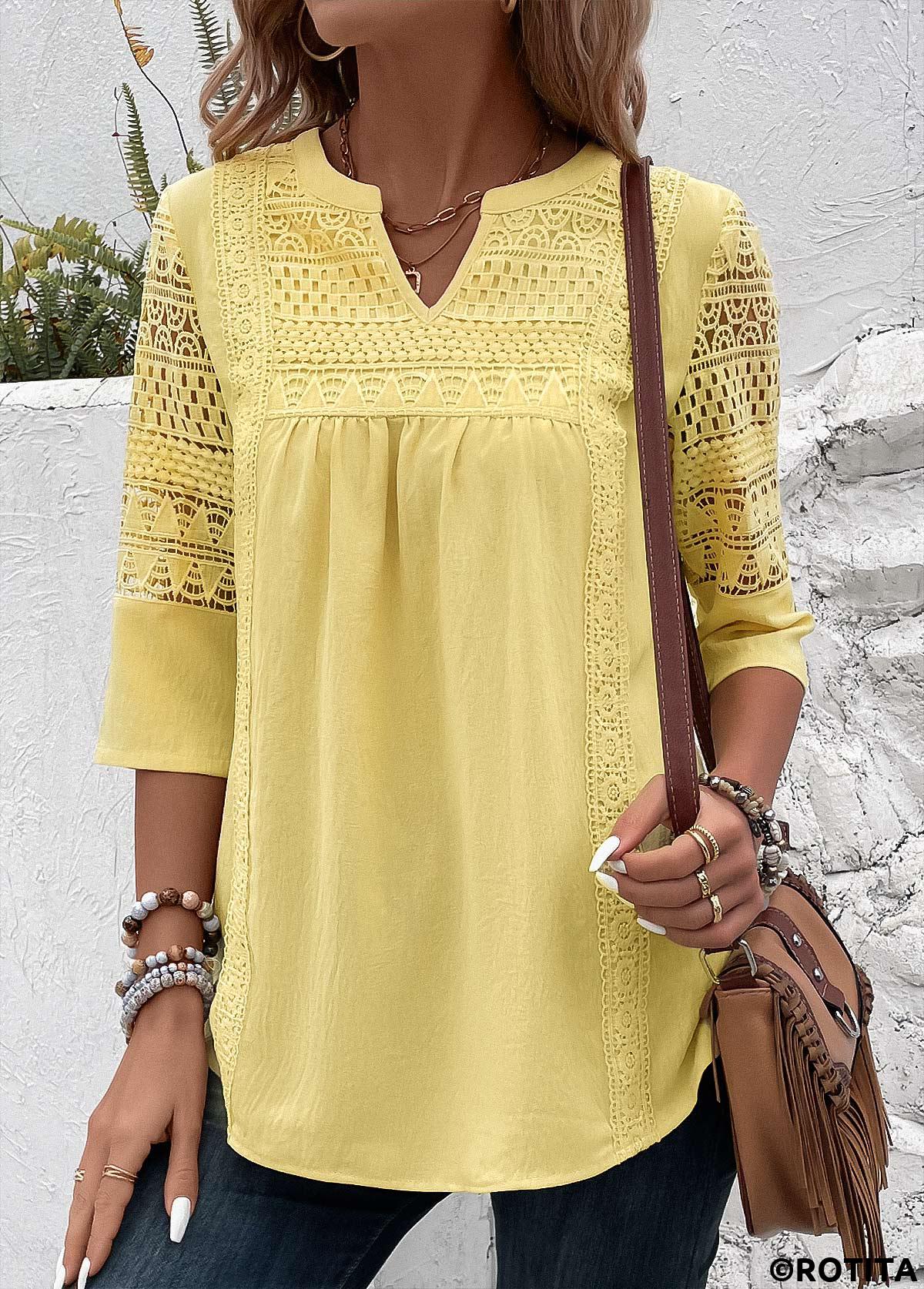 ROTITA Patchwork Light Yellow Split Neck 3/4 Sleeve Blouse