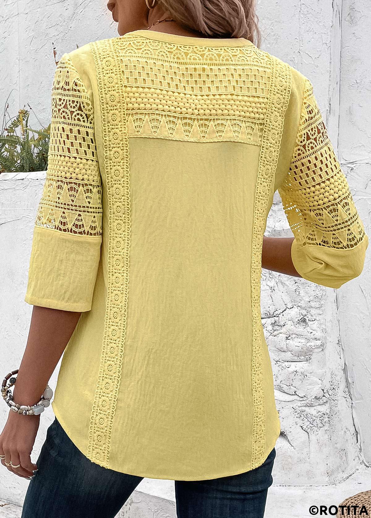 ROTITA Patchwork Light Yellow Split Neck 3/4 Sleeve Blouse