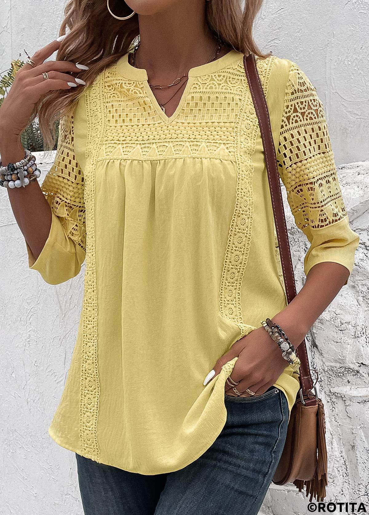 ROTITA Patchwork Light Yellow Split Neck 3/4 Sleeve Blouse