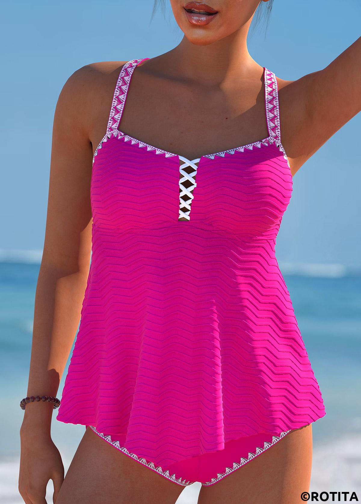 Hot Pink plus size,Plain Color plus size,ROTITA Plus Size Criss Cross Hot Pink Tankini Set