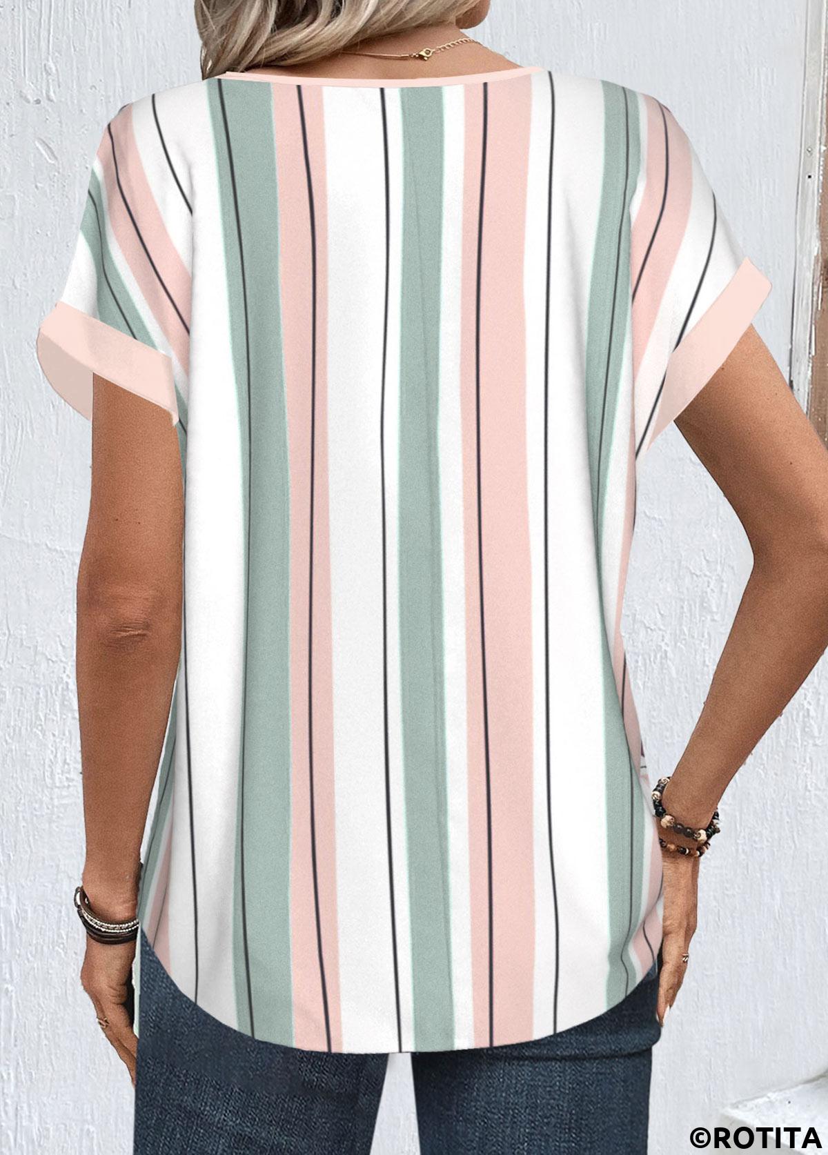 White tops,Pink tops,Striped tops,Geometric tops,ROTITA Zipper Striped White Round Neck Short Sleeve Blouse
