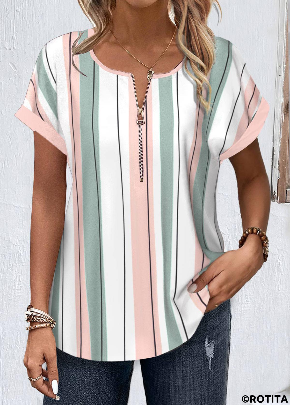 White tops,Pink tops,Striped tops,Geometric tops,ROTITA Zipper Striped White Round Neck Short Sleeve Blouse