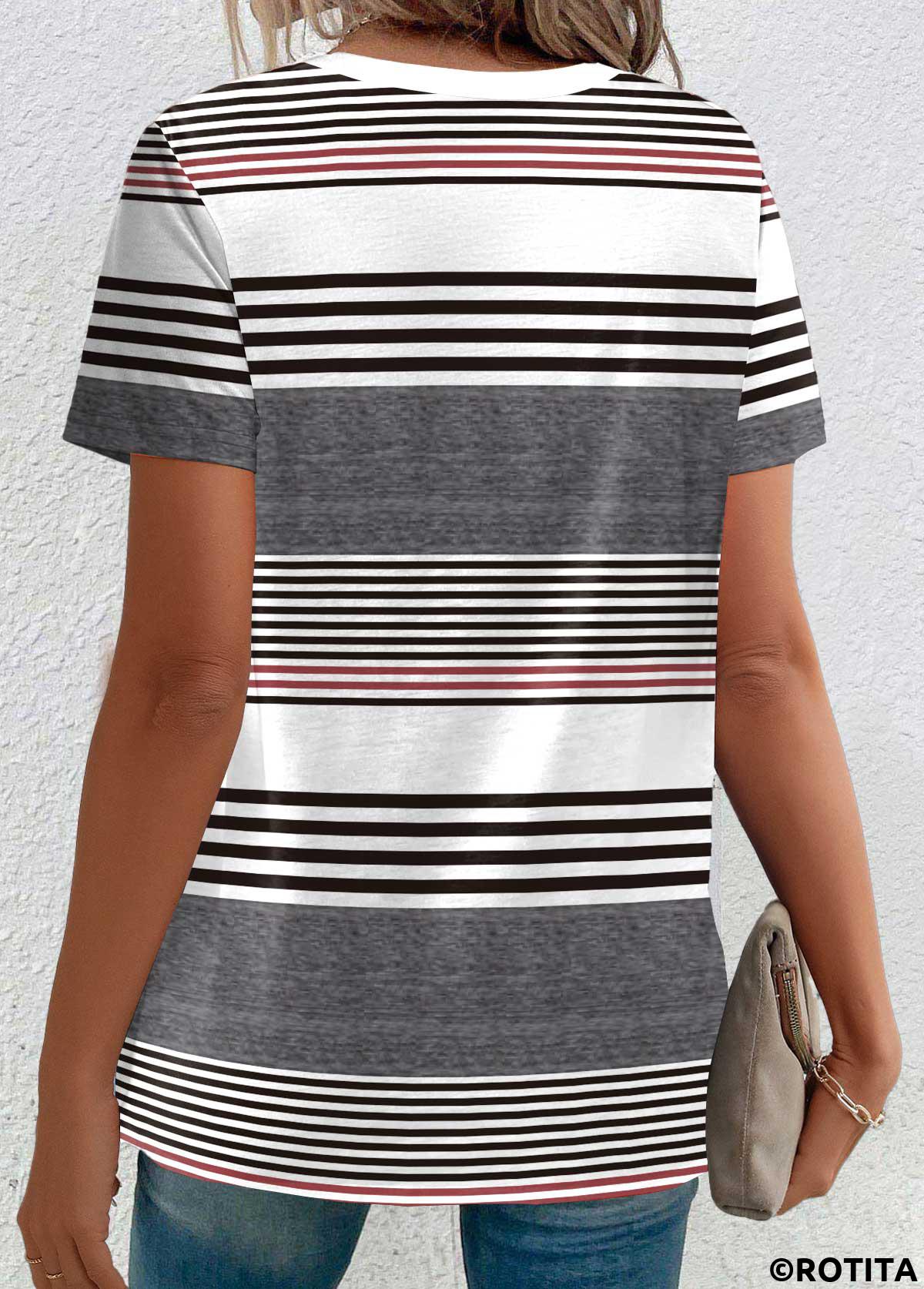Multi Color plus size,Striped plus size,Geometric plus size,Plus Size Button Multi Color Striped T Shirt