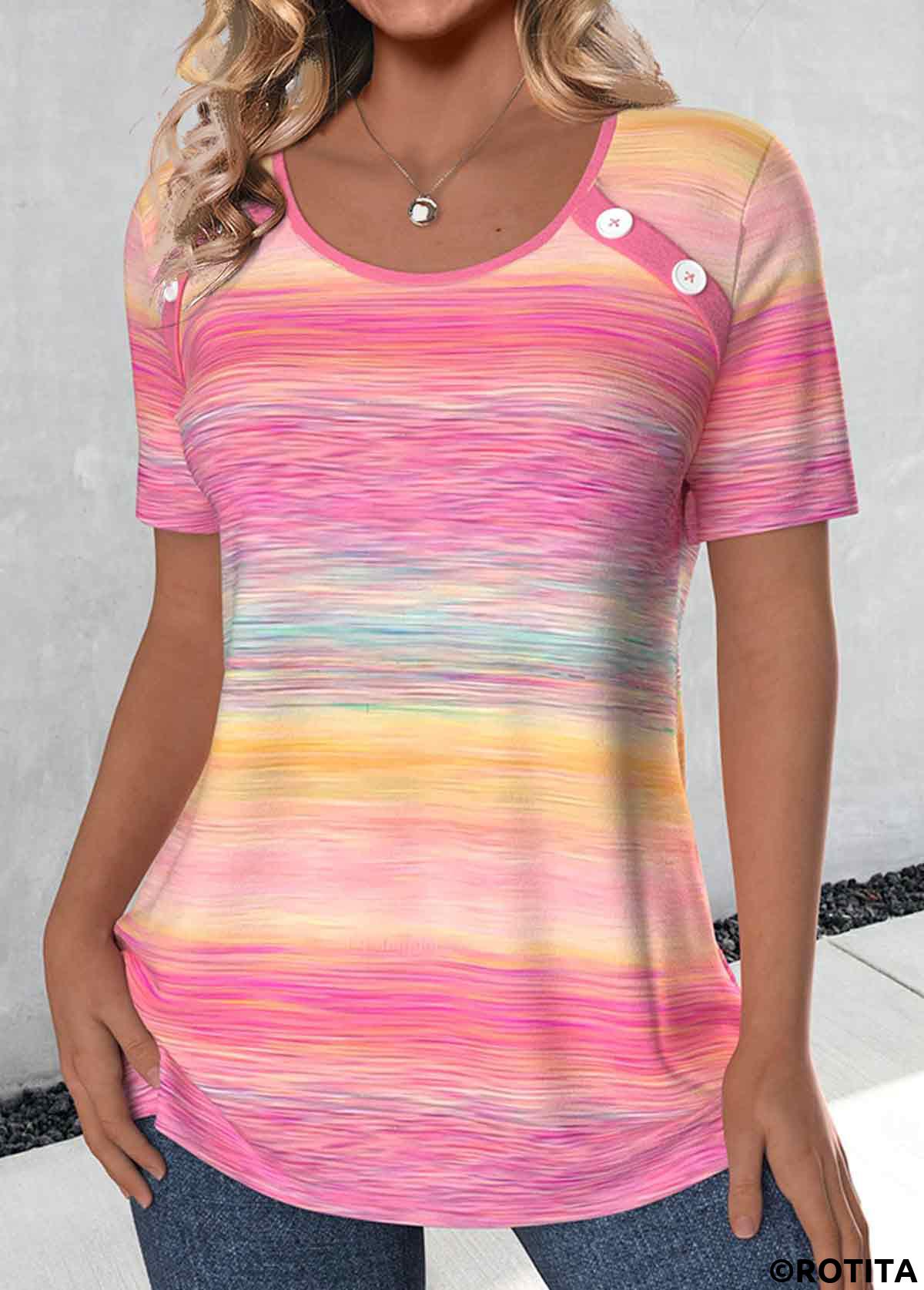Pink plus size,Rainbow Color plus size,Ombre plus size,ROTITA Plus Size Button Pink Ombre Round Neck T Shirt